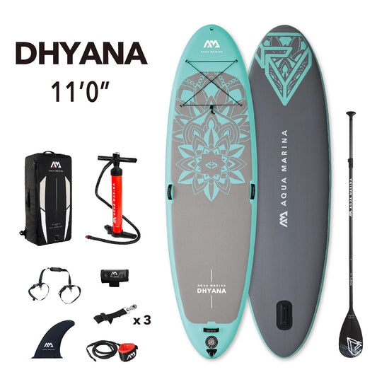 Aqua Marina Stand Up, Fitness Series, Yoga Paddle Board &#8211; DHYANA 11&#8217;0&#8243; &#8211; Inflatable SUP Package, including Carry Bag, Paddle, Fin, Pump &#038; Safety Harness