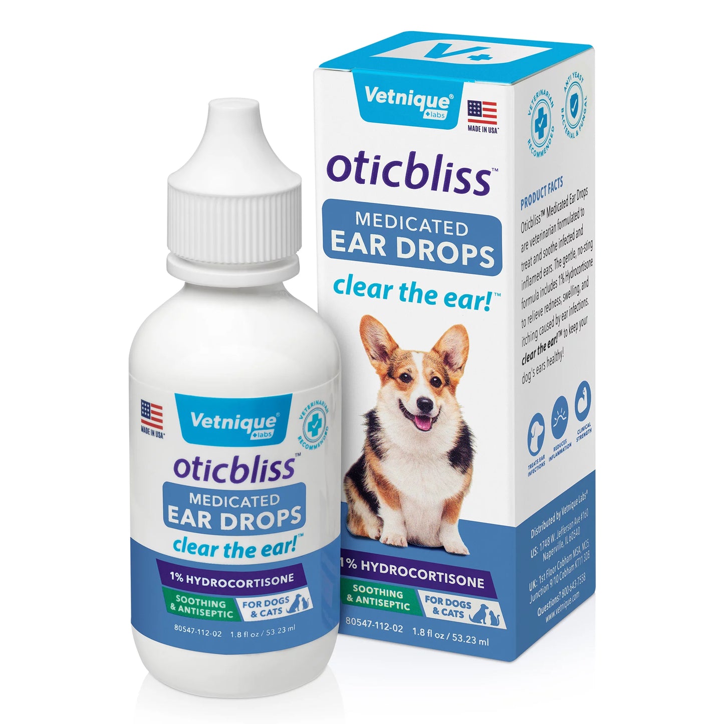 Vetnique Labs Oticbliss Medicated Ear Drops for Dogs &#038; Cats with Hydrocortisone, Clear the Ear! 1.8 fl oz