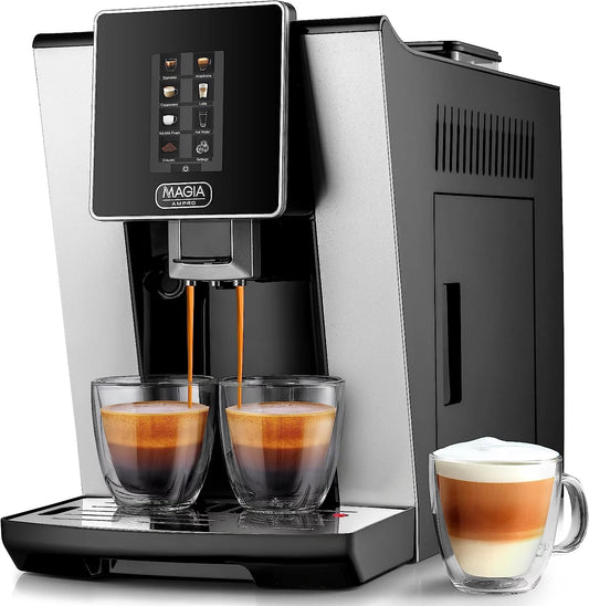 AMPRO Automatic Espresso Machine with Grinder, Super Automatic Coffee Machine and Milk Frother &#8211; Black Silver