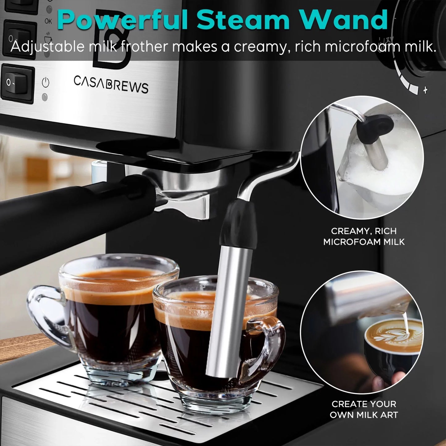 Casabrews Compact Espresso Machine W/ Milk Frother Wand, Black