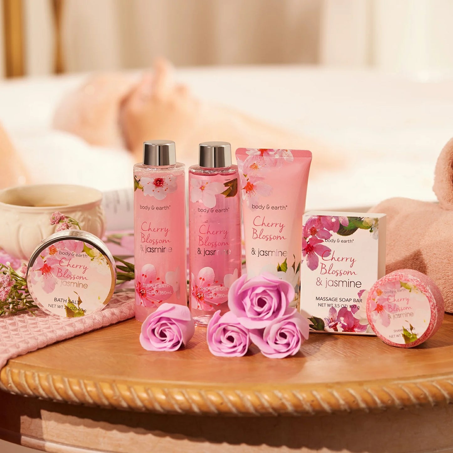 Bath Gift Sets for Women, 8 Pcs Cherry Blossom &#038; Jasmine Spa Baskets, Beauty Body Holiday Valentines Day Gift Sets