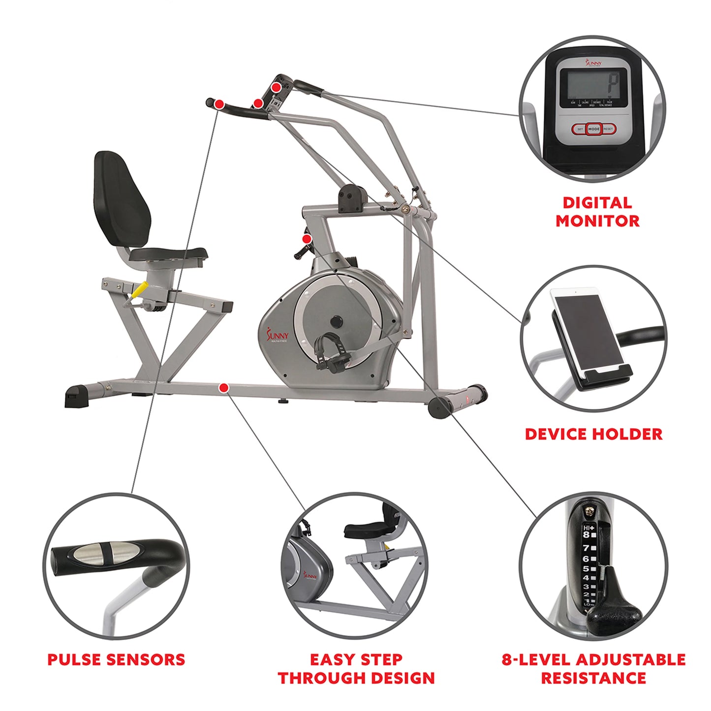 Sunny Health &#038; Fitness Stationary Indoor Recumbent Exercise Bike Cardio Machine Cross Trainer w/Arm Workout Exercisers, SF-RB4708