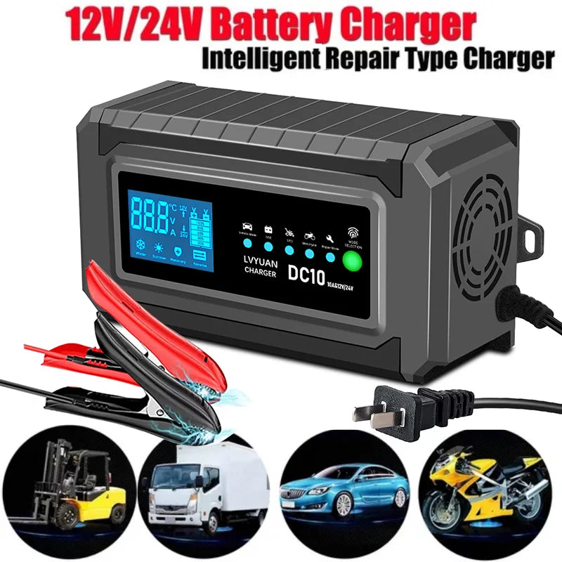 Yinleader 10A Car Lawn Mowers Battery Charger 12V/24V Smart Automatic Charger Pulse Repair Lead-acid AGM GEL