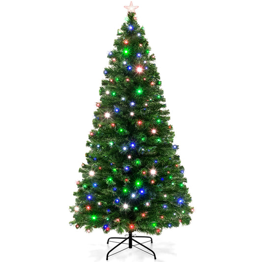 Best Choice Products 7ft Pre-Lit Fiber Optic Artificial Pine Christmas Tree w/ 280 Multicolored LED Lights, 8 Sequences