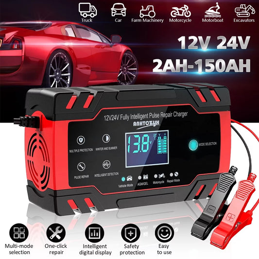 12V/8A 24V/4A Automatic Smart Battery Charger/Maintainer with LCD Display Pulse Repair Charger Pack for Car, Lawn Mower, Motorcycle, Boat, SUV and More &#8211; J30