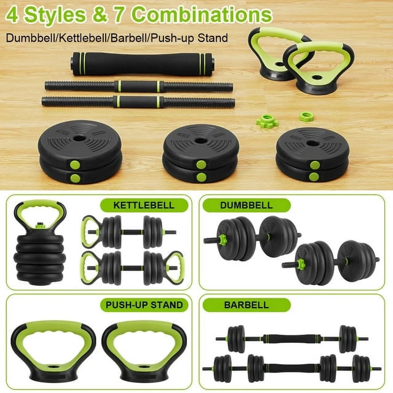 4-in-1 Adjustable Dumbbells Set Barbell Kettlebells Push-up-Stand 66 LBS for Home Gym Fitness Exercises