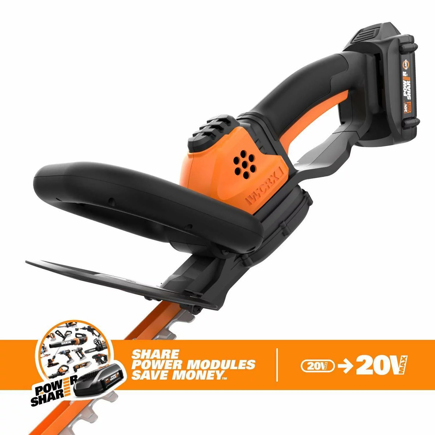 Worx WG261 20 Volt Power Share Cordless Battery 22 Inch Hedge Trimmer, Orange