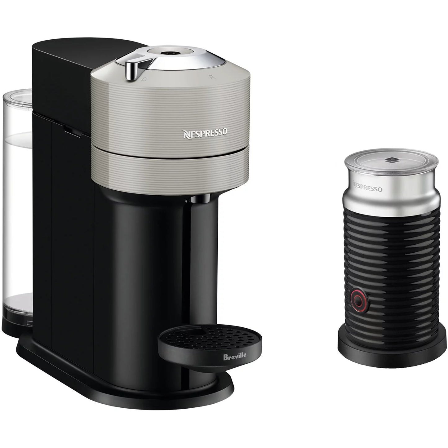 Breville Vertuo Next Coffee and Espresso Maker in Light Gray plus Aeroccino3 Milk Frother in Black