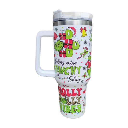 DJKDJL Grinch Christmas Tumbler 40 oz Tumbler With Lid and Handle ?C 34 Hours Cold ?C Vacuum Insulated, Sweat-Proof Body ?C Large Insulated Mug for Cold and Hot Drinks ?C A