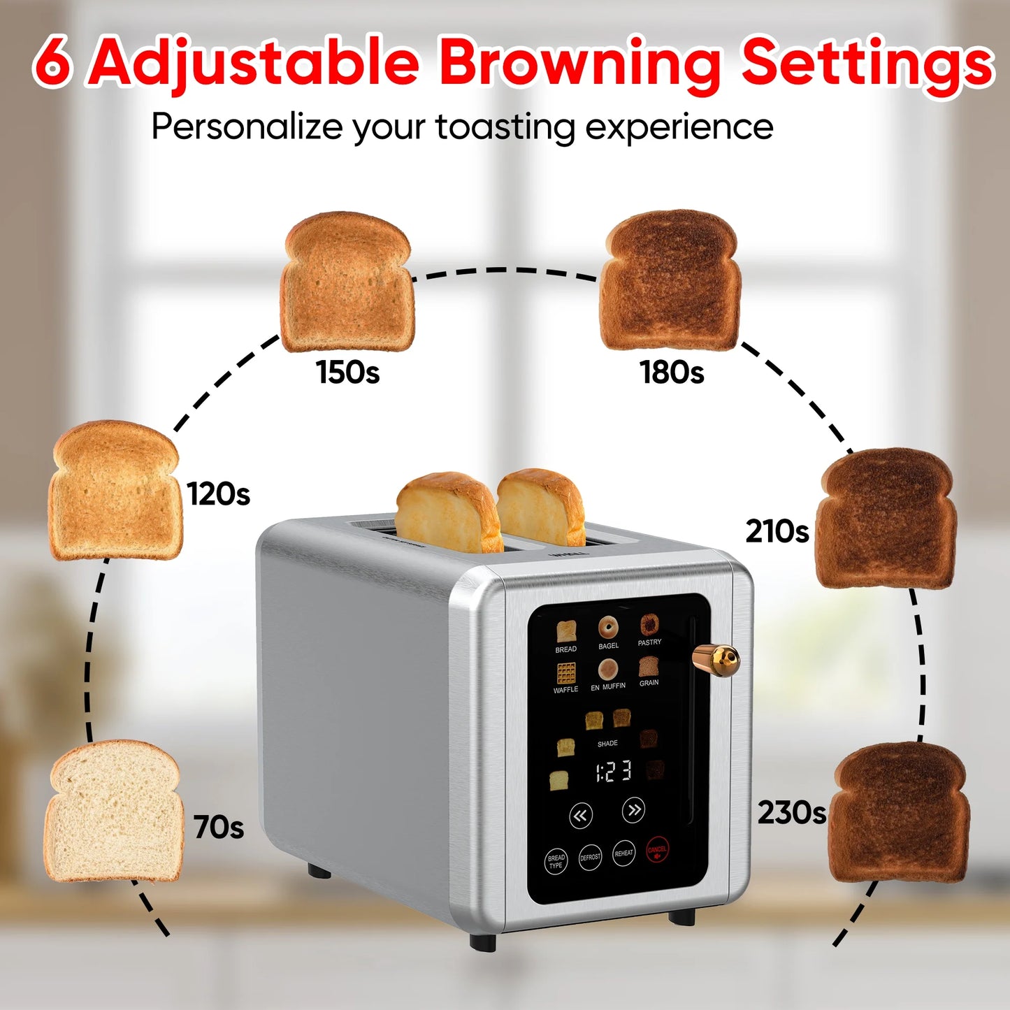 WHALL 2 Slice Touchscreen Toaster &#8211; Stainless Steel Toaster with Wide Slot, 6 Shade Settings, Bagel Function, Removable Crumb Tray