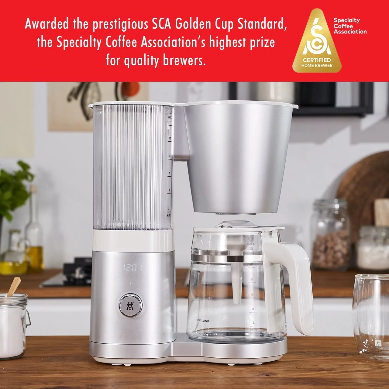 ZWILLING Enfinigy Glass Drip Coffee Maker 12 Cup, Awarded the SCA Golden Cup Standard, Silver