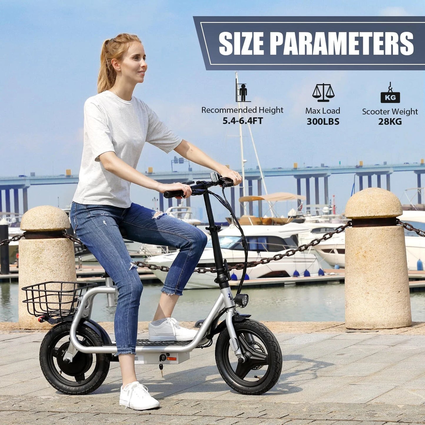 Caroma 500W Electric Scooter with Seat for Adult, 14 inch Commuter Electric Scooter with Dual Shock Absorbers and Basket &#8211; Up to 25 Miles 20 MPH, Silver