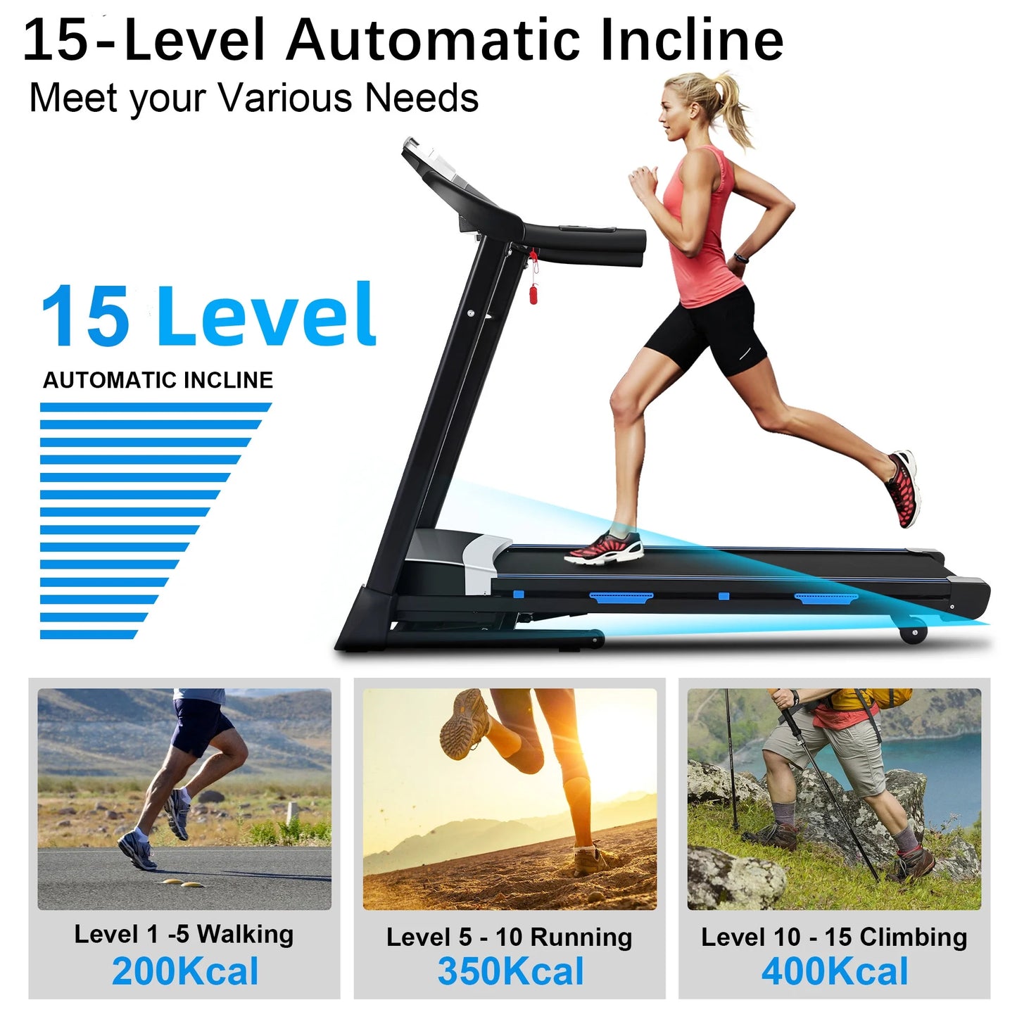 Tikmboex 17&#8221; Folding Treadmill with 15-Level Auto Incline 9.0 mph Speed 12 Preset Program, Strong 3.25HP Motor Running Machine for Cardio Fitness , Black 300lbs