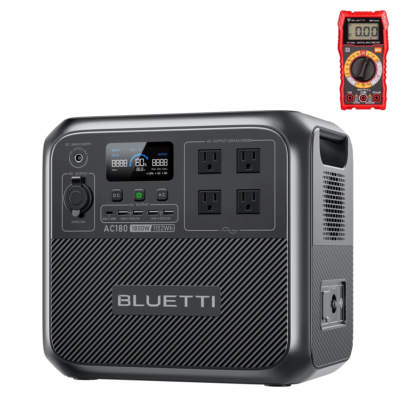 Bluetti AC180 Solar Generator, 1800W | 1152Wh LiFePO4 Power Station, W/Multimeter,Portable Solar Generator for Off-Grid Living, Home Use, Camping, RV