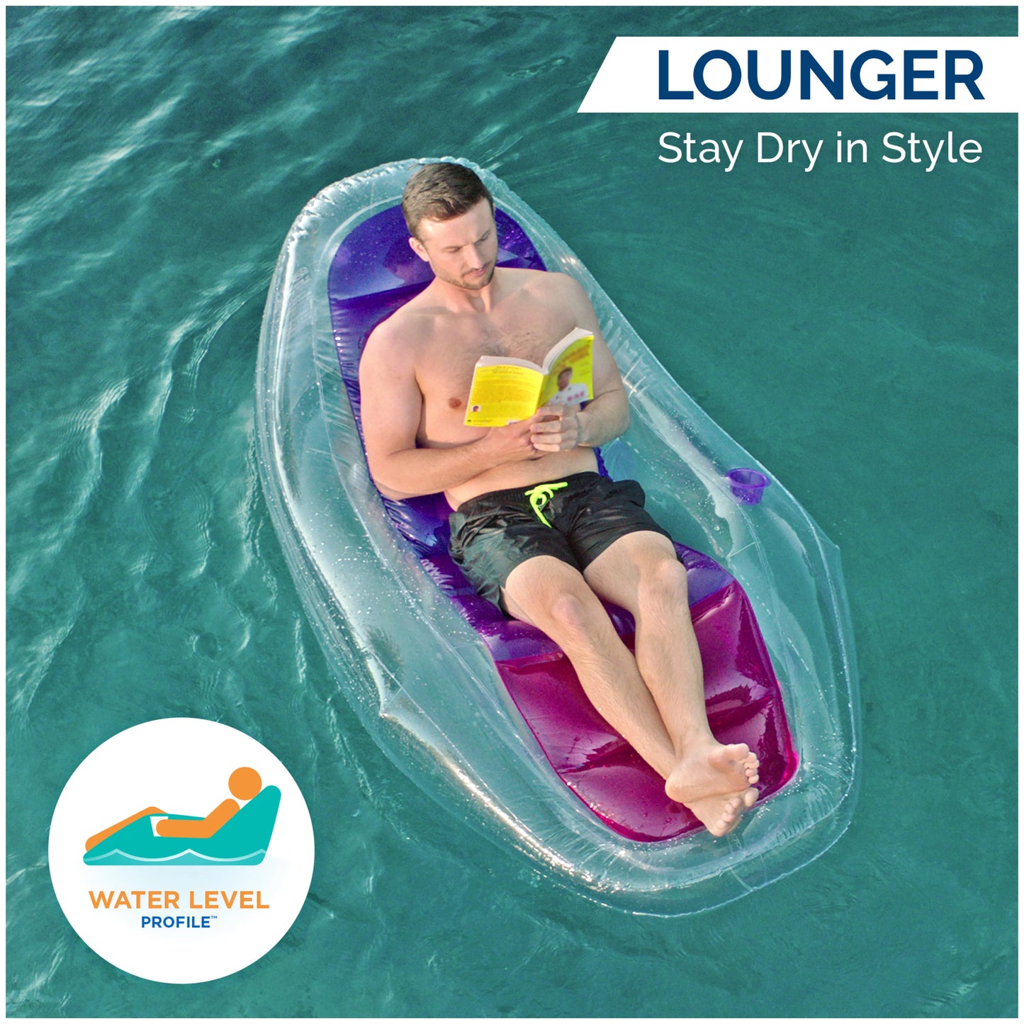 Swimways Dry Float Lounger Pool Float, Translucent Inflatable Recliner Chair for Adults with Fast Inflation, Foot Rest &#038; Cup Holder