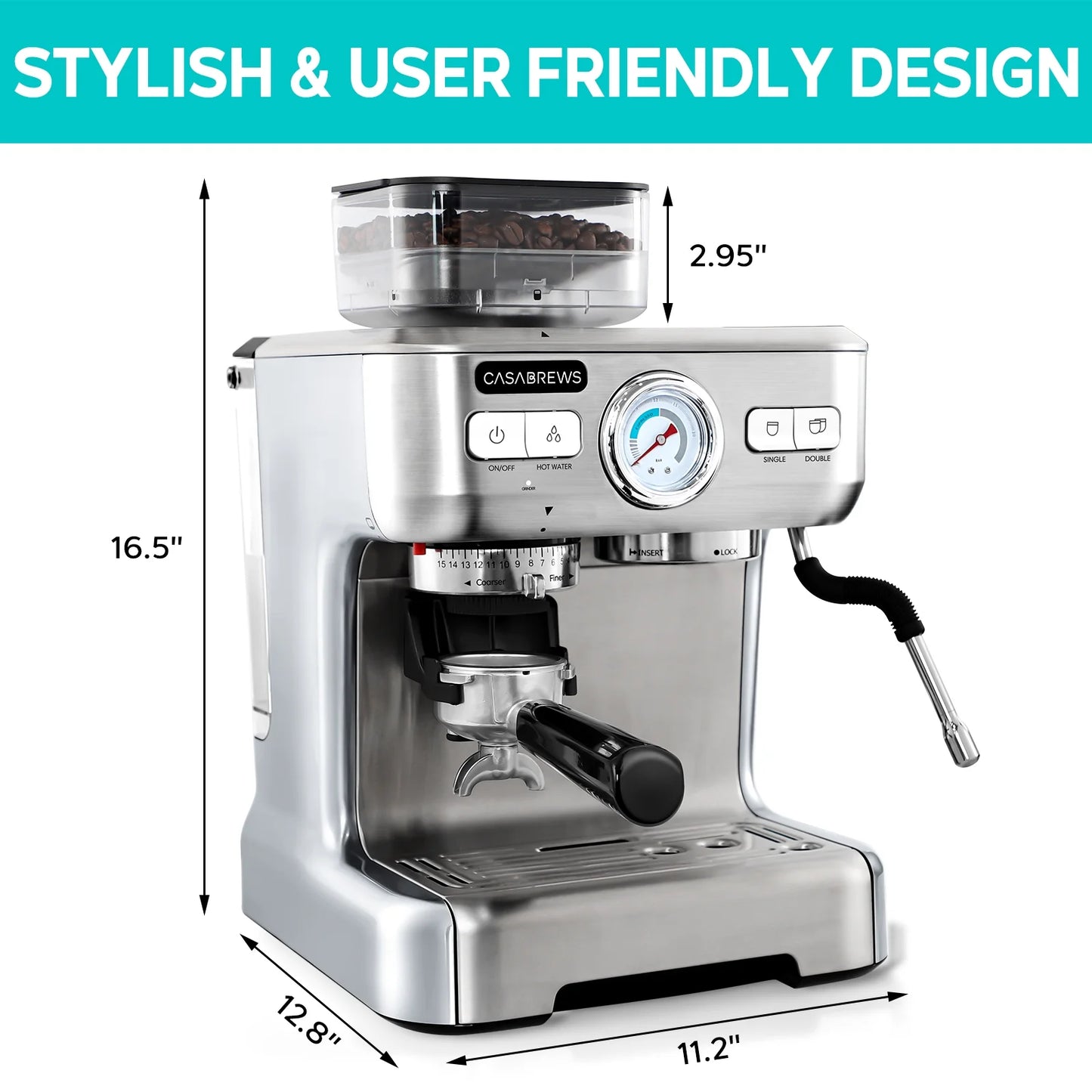 CASABREWS 20 Bar All-in-one Precision Espresso Machine, Build in Grinder, W/ 92oz Water Tank, Stainless Steel