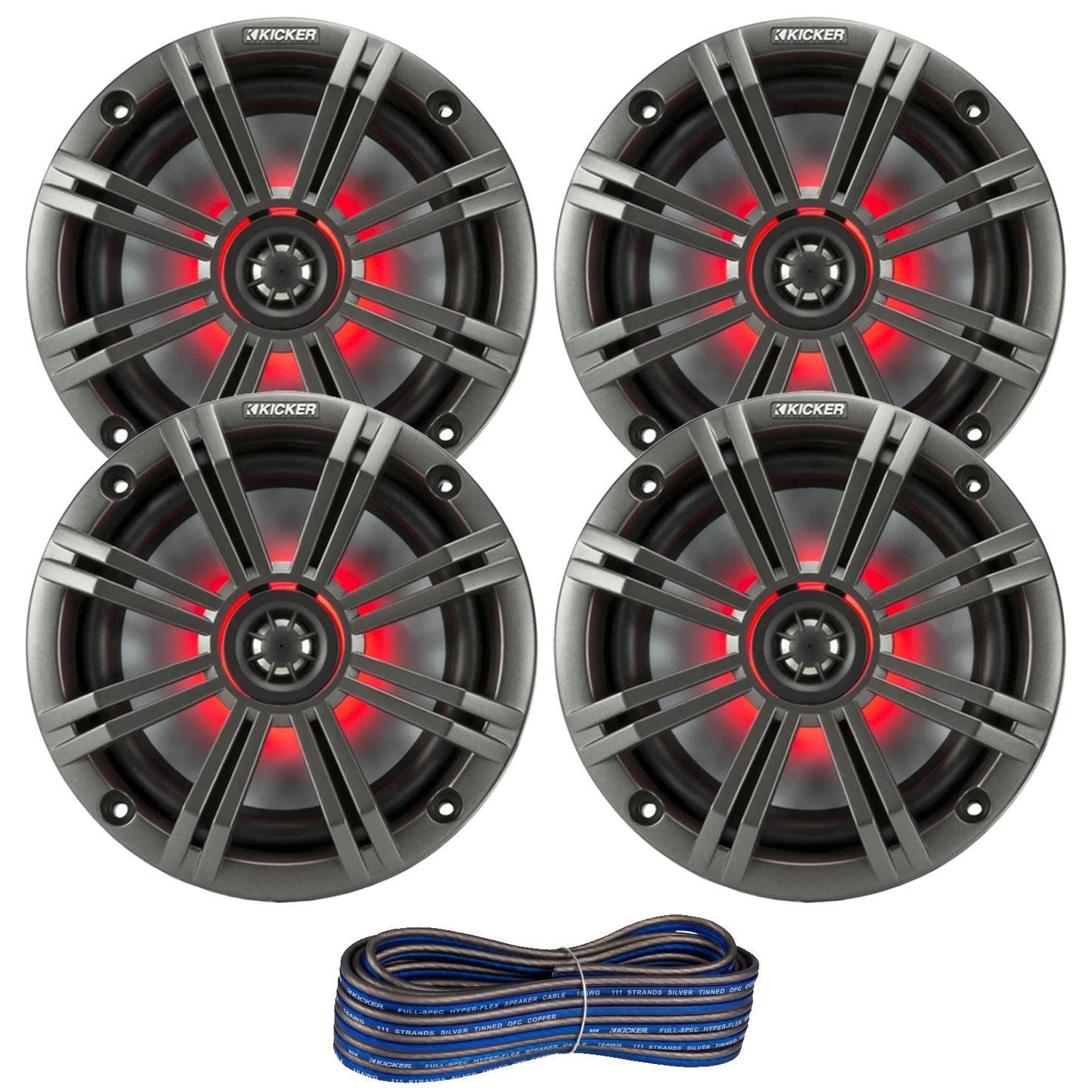 2 Pair (QTY 4) of Kicker 6.5&#8243; 2-Way 195 Watts Max Power Coaxial Marine Audio MultiColor LED Speakers with White Grilles, 50-Feet 16 Gauge Speaker Wire