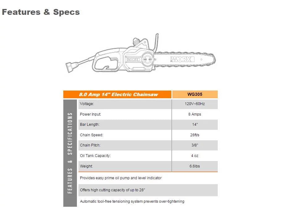 WORX WG305 8.0 Amp 110 Volt 14&#8243; Lightweight Durable Electric Chainsaw