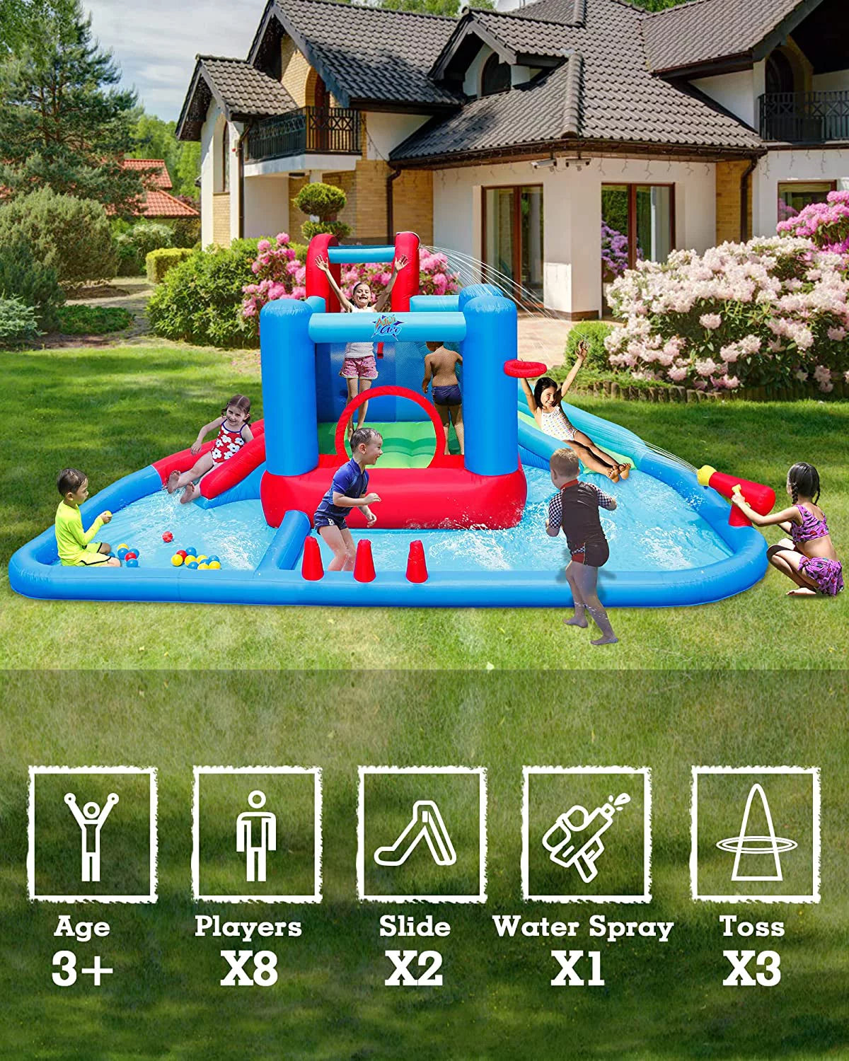 Action Air Water Slide, Inflatable Waterslides and Bouncy Castle All-in-one, Large Pool with 30 Pit Balls &#038; 2 Dart Balls