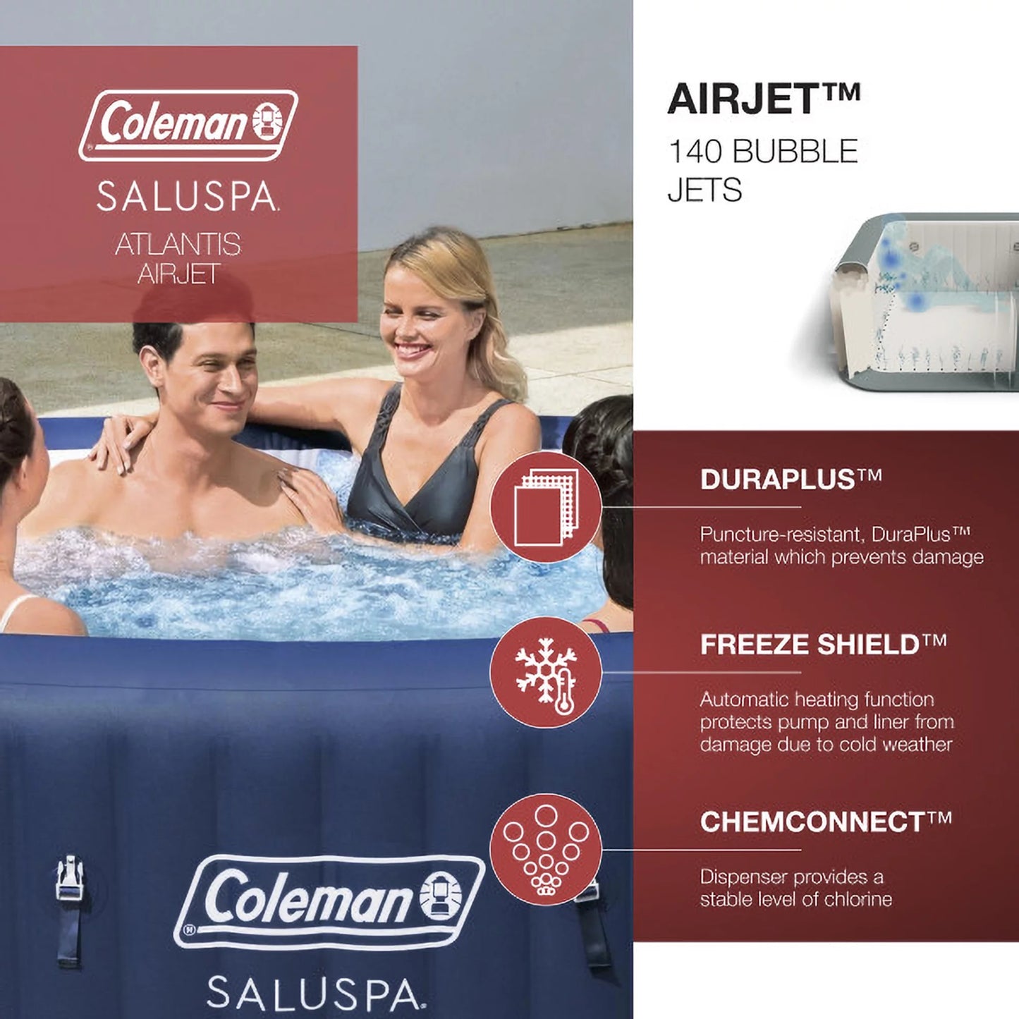 Coleman Atlantis SaluSpa 140 AirJet Square 4-6 Person Inflatable Hot Tub Spa with Cover, Blue