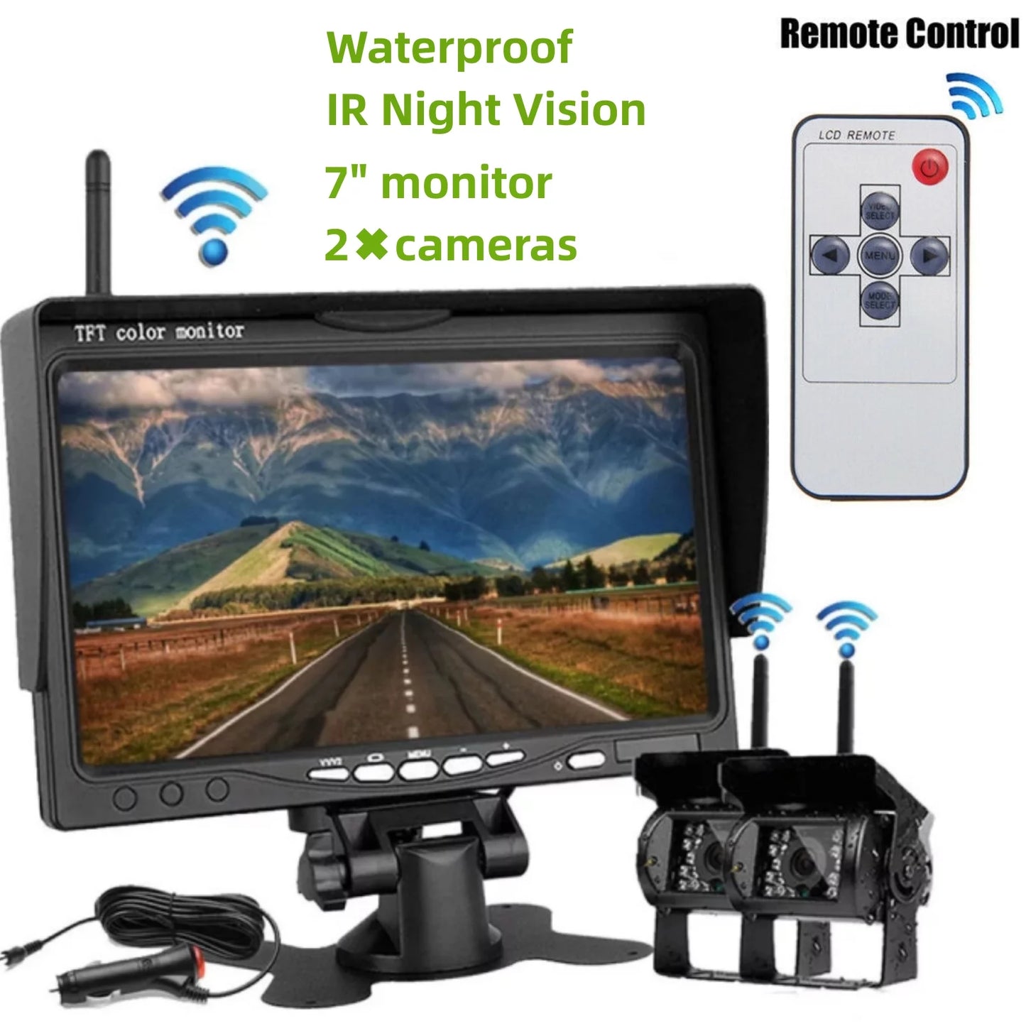 2 Vehicle Truck Backup Cameras Wireless Rear View Cameras with 7inch Monitor Night Vision Waterproof for Car RV Truck Trailer Bus