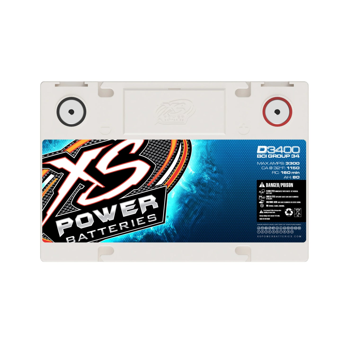 XS Power 12V BCI Group 34R AGM 4000W 3300A Car Battery with Terminal Bolt D3400