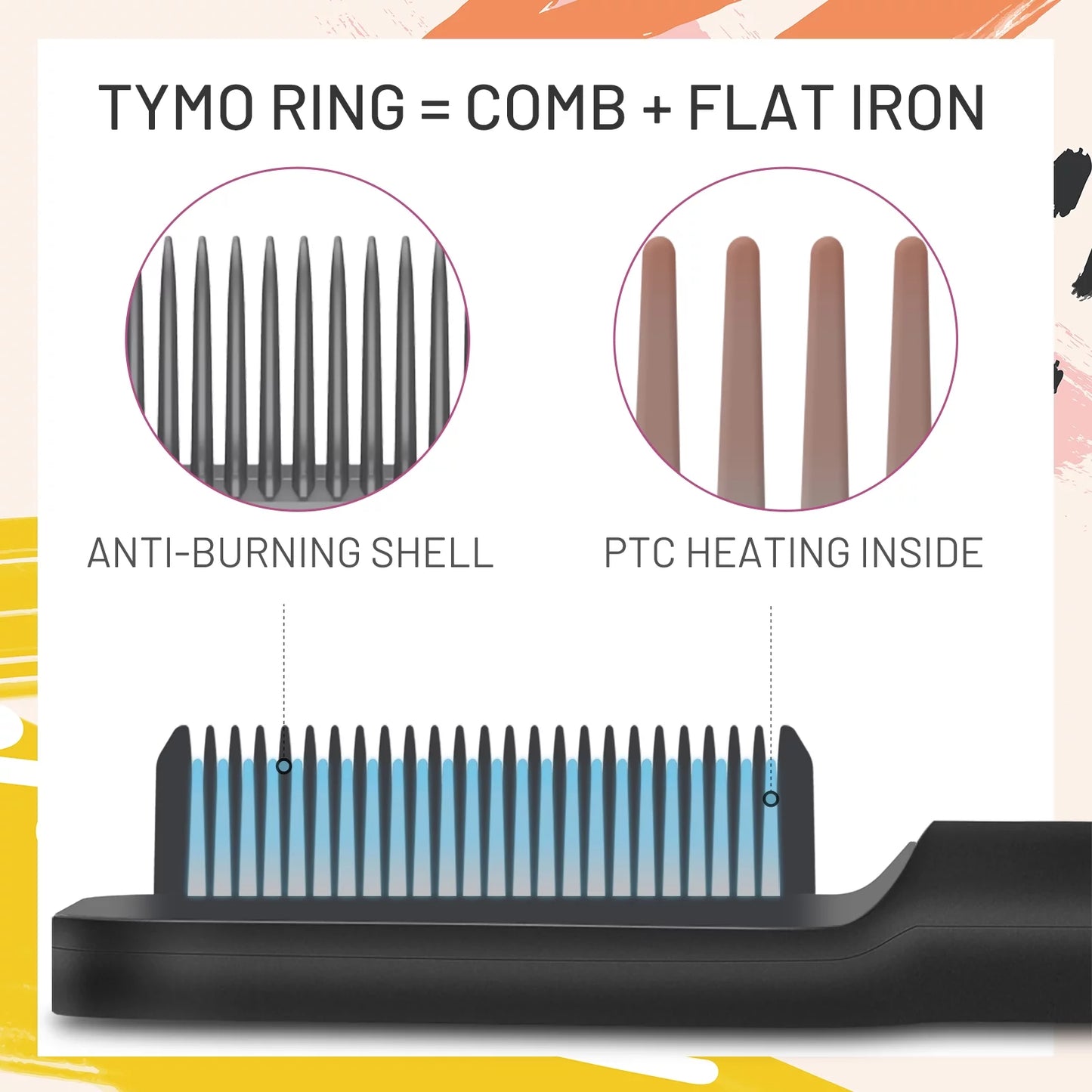 TYMO RING Hair Straightener Brush Black ?C Hair Straightening Iron with Built-in Comb, 20s Fast Heating &#038; 5 Temp Settings &#038; Anti-Scald