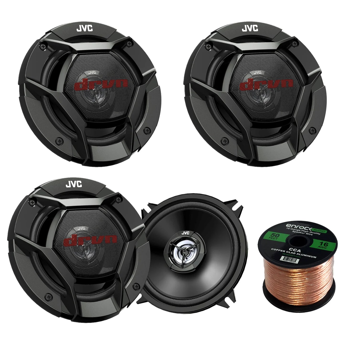 Car Speaker Package Of 2 Pairs of JVC CS-DR521 DR Sereis 5-1/4&#8243; Inch 260 Watt 2-Way Upgrade Audio Stereo Coaxial Speakers Bundle Combo With Enrock 50 Foot 16 Gauge Speaker Wire