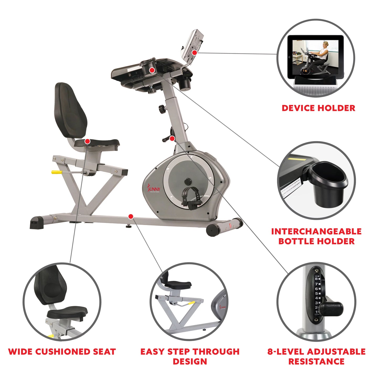 Sunny Health &#038; Fitness Magnetic Indoor Stationary Recumbent Exercise Desk Bike Cardio Trainer, 350 lb Weight Capacity, SF-RBD4703