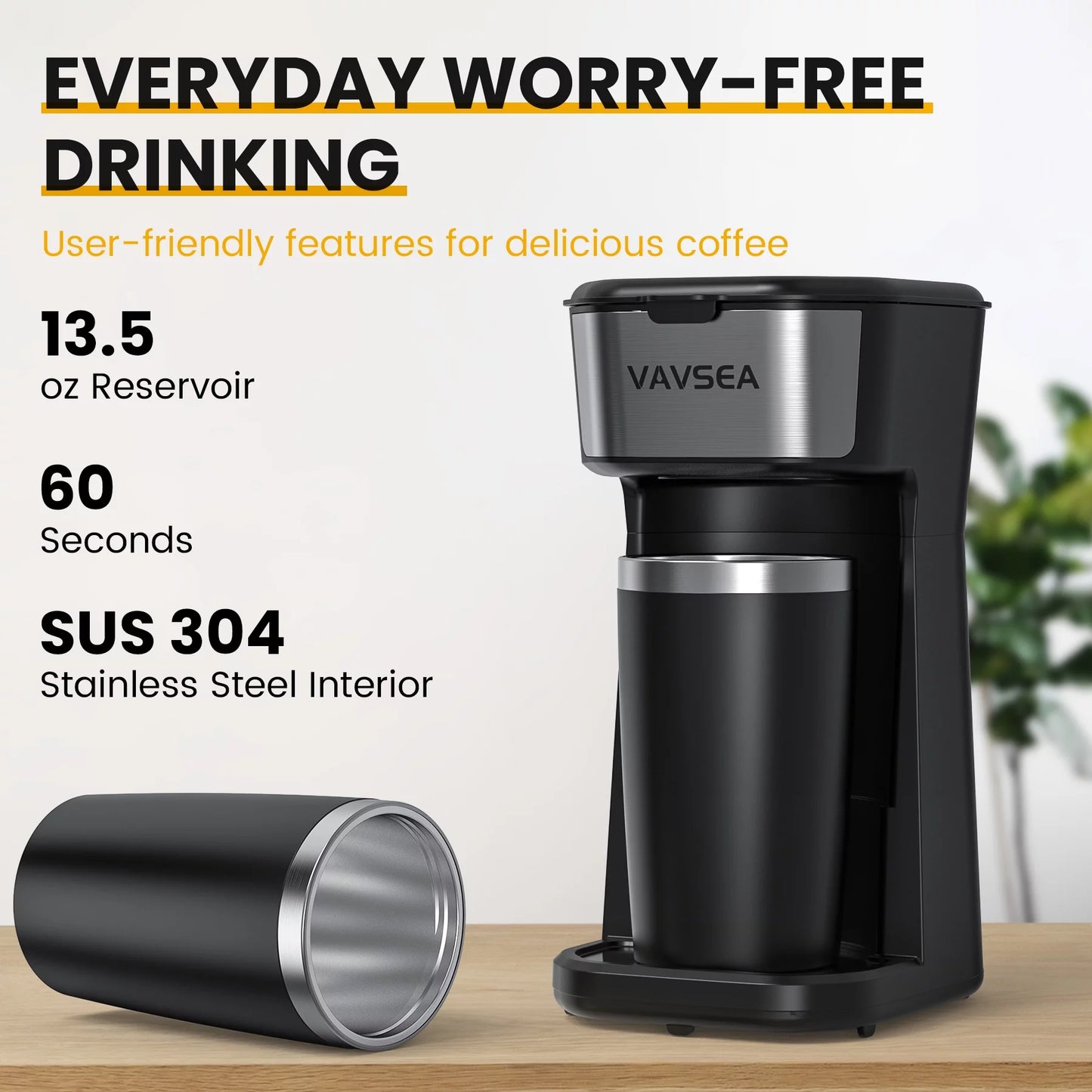 VAVSEA Single-Serve Coffee Maker Brewer with Thermal Travel Mug &#038; Reusable Filter, 600W Coffeemaker for Ground Coffee