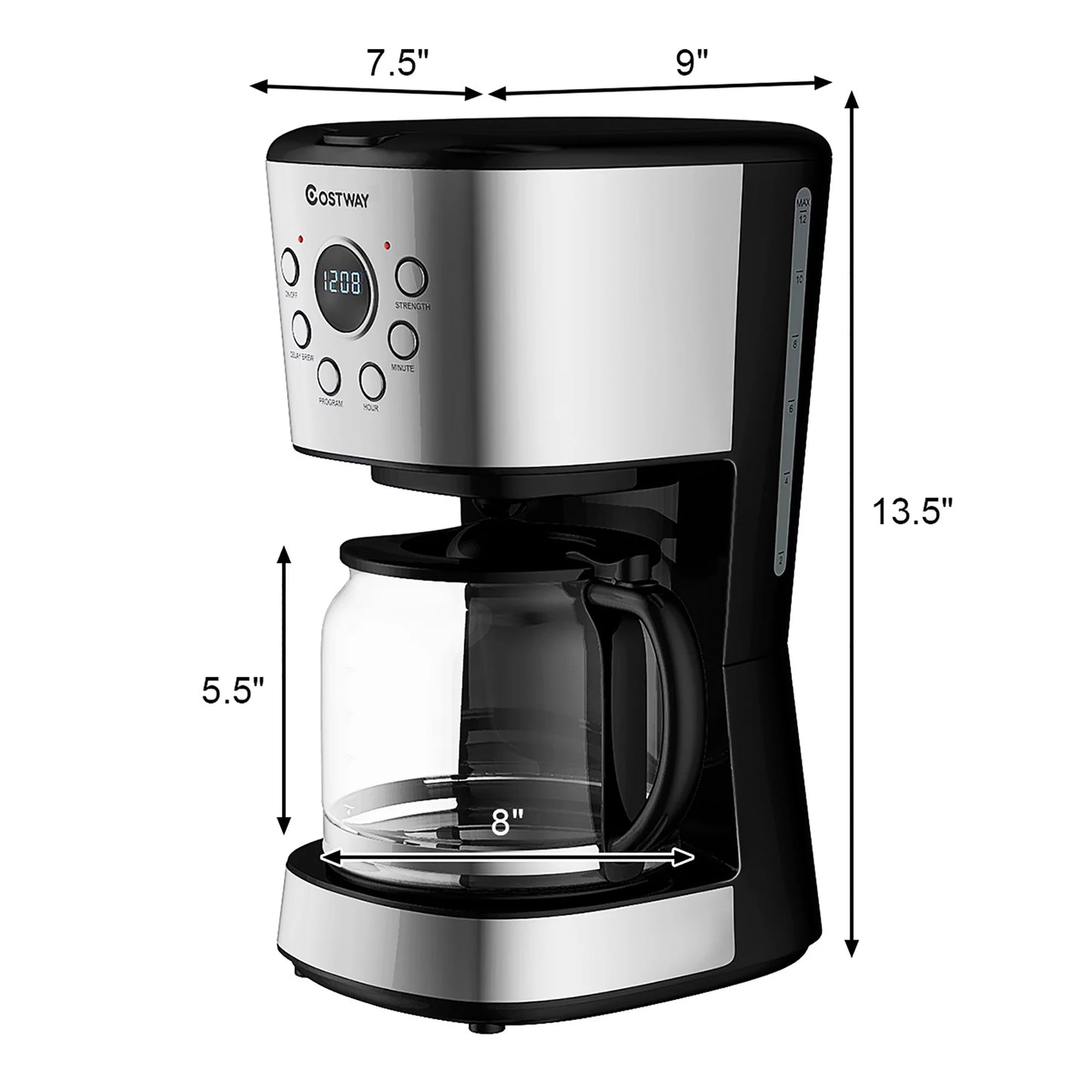 Costway 12-Cup Programmable Coffee Maker Brew Machine LCD Display w/ 1.8L Glass Carafe