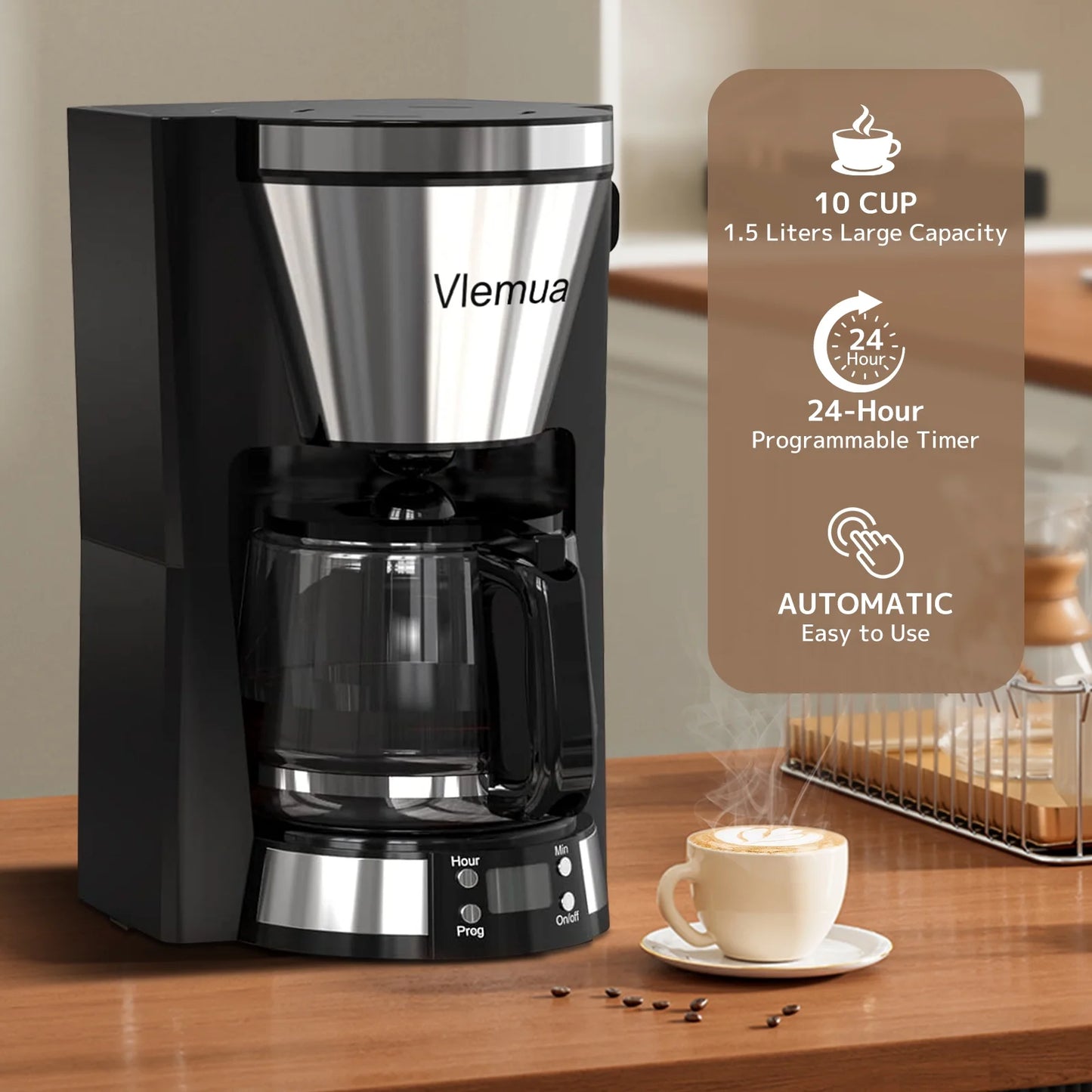 10-Cup Programmable Coffee Maker, Quick Brew Coffee Machine with Automatic Drip Coffee Maker with Timer, Auto Shut Off, Keep-warm Plate, White