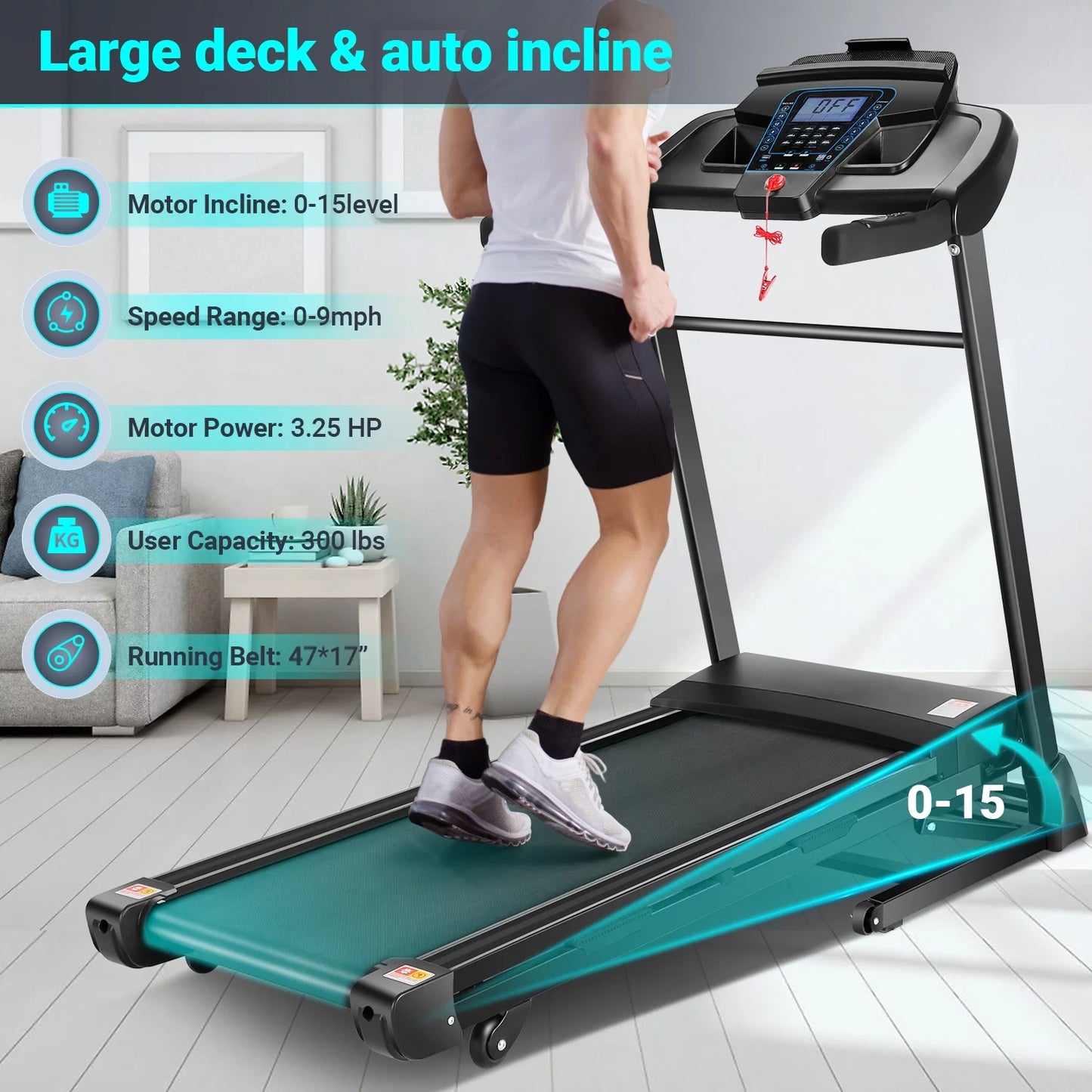 Treadmill with Auto Incline, Treadmill 300 lb Capacity with APP &#038; Bluetooth Audio Speakers, 3.25HP Ultra-Quiet &#038; Wide Electric Walking Running Machine for Home/Gym Cardio Use