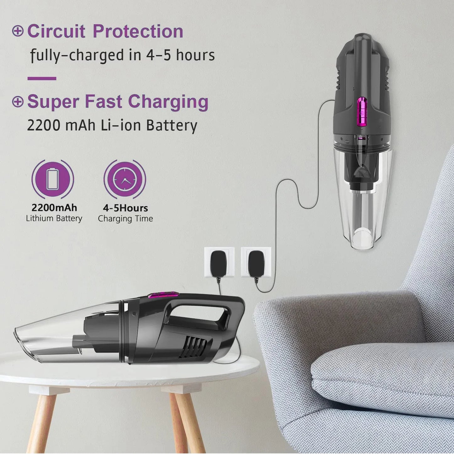 WHALL Cordless Handheld Vacuum, Wet/Dry Cleaner with 8500PA Suction, LED Light, Lightweight/Portable