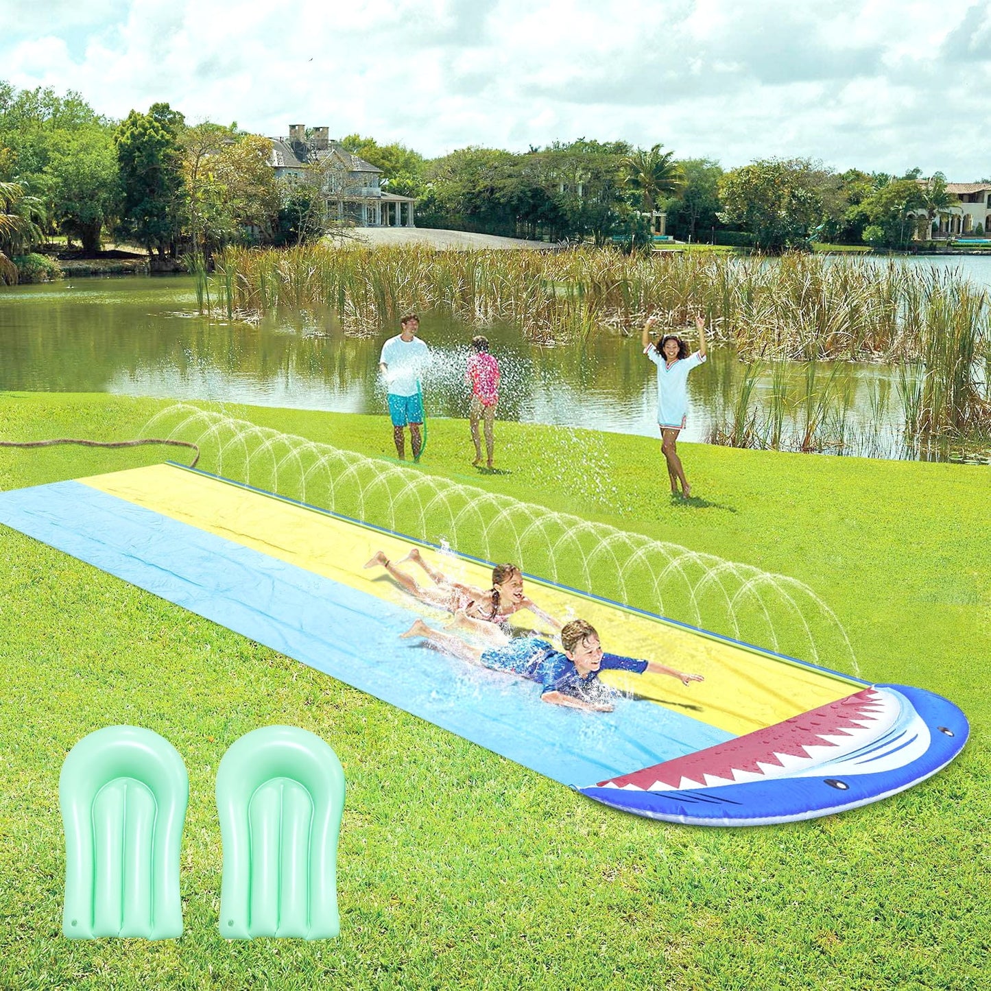 BATE 16FT Double Water Slip Slides Lawn Water Slides Slip Backyard Water Toys with Sprinklers for Outdoor Water Fun Kids Adults