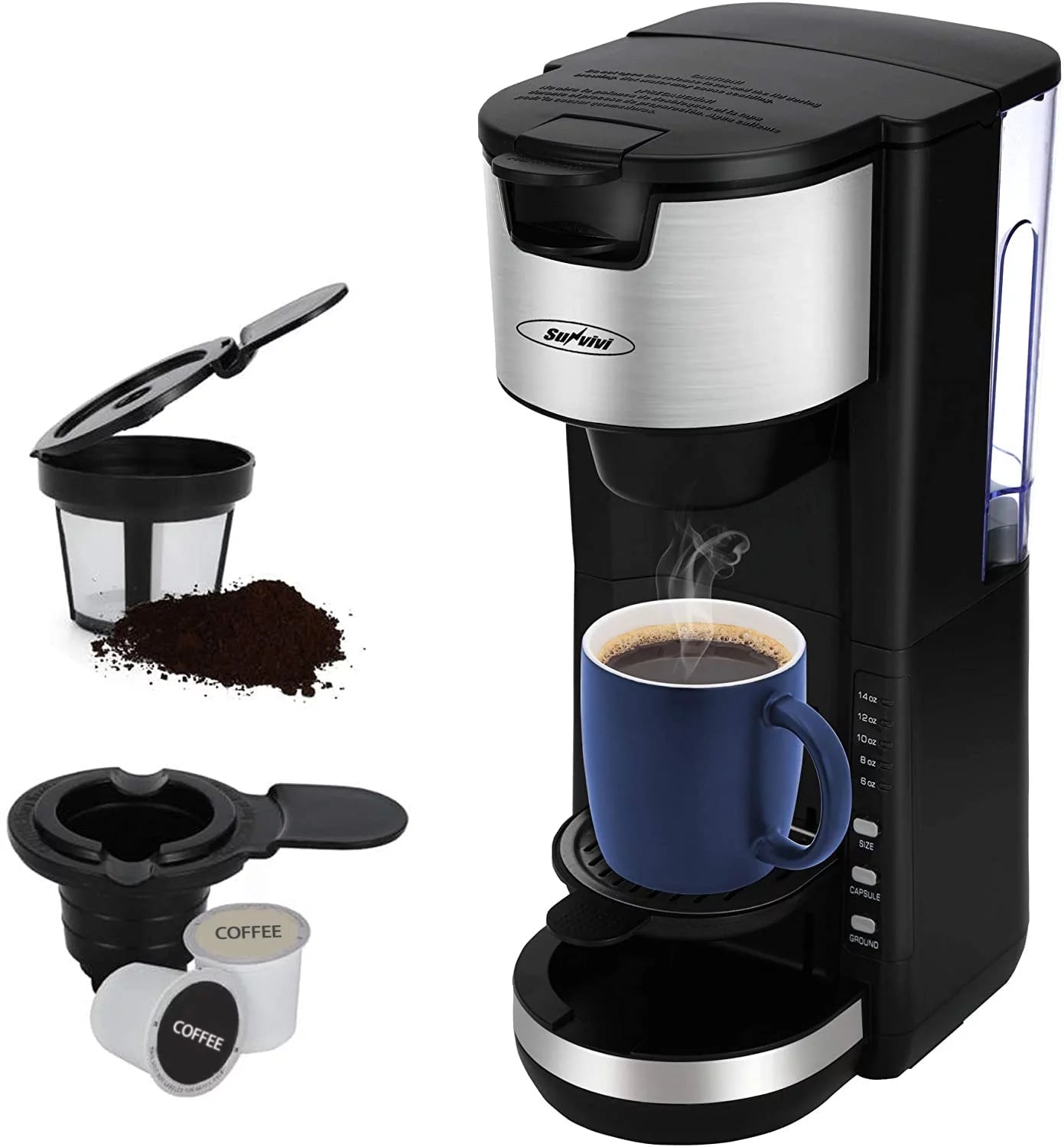 Superjoe Single Serve Coffee Maker for Single Cup Pod &#038; Coffee Ground, Compact Coffee Brewer with 6 to 14 oz Brew Sizes, Black Coffee Machine with Water Reservoir