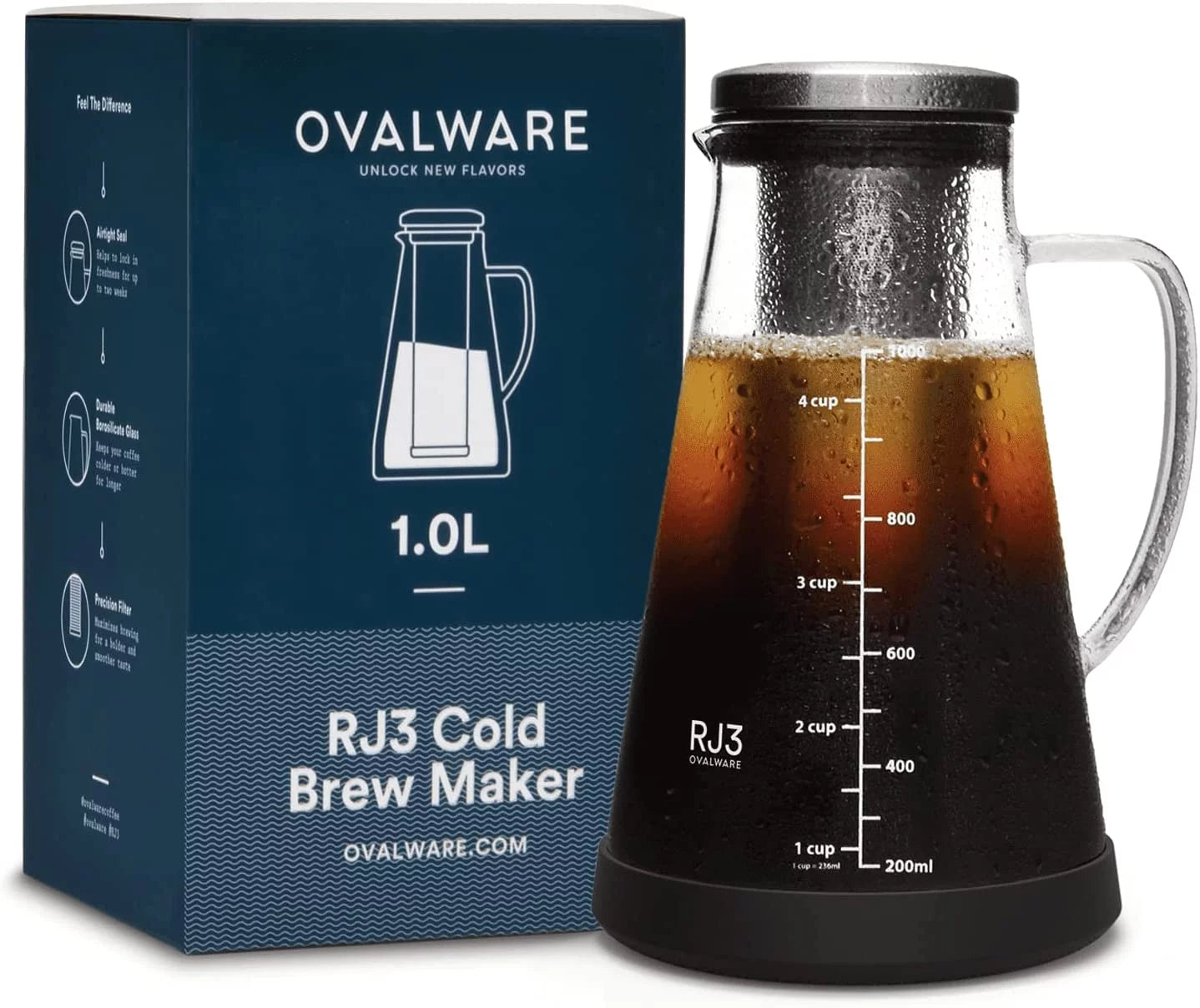 Airtight Cold Brew Iced Coffee Maker &#038; Tea Infuser with Spout &#8211; 1L Ovalware RJ3 Brewing Glass Carafe