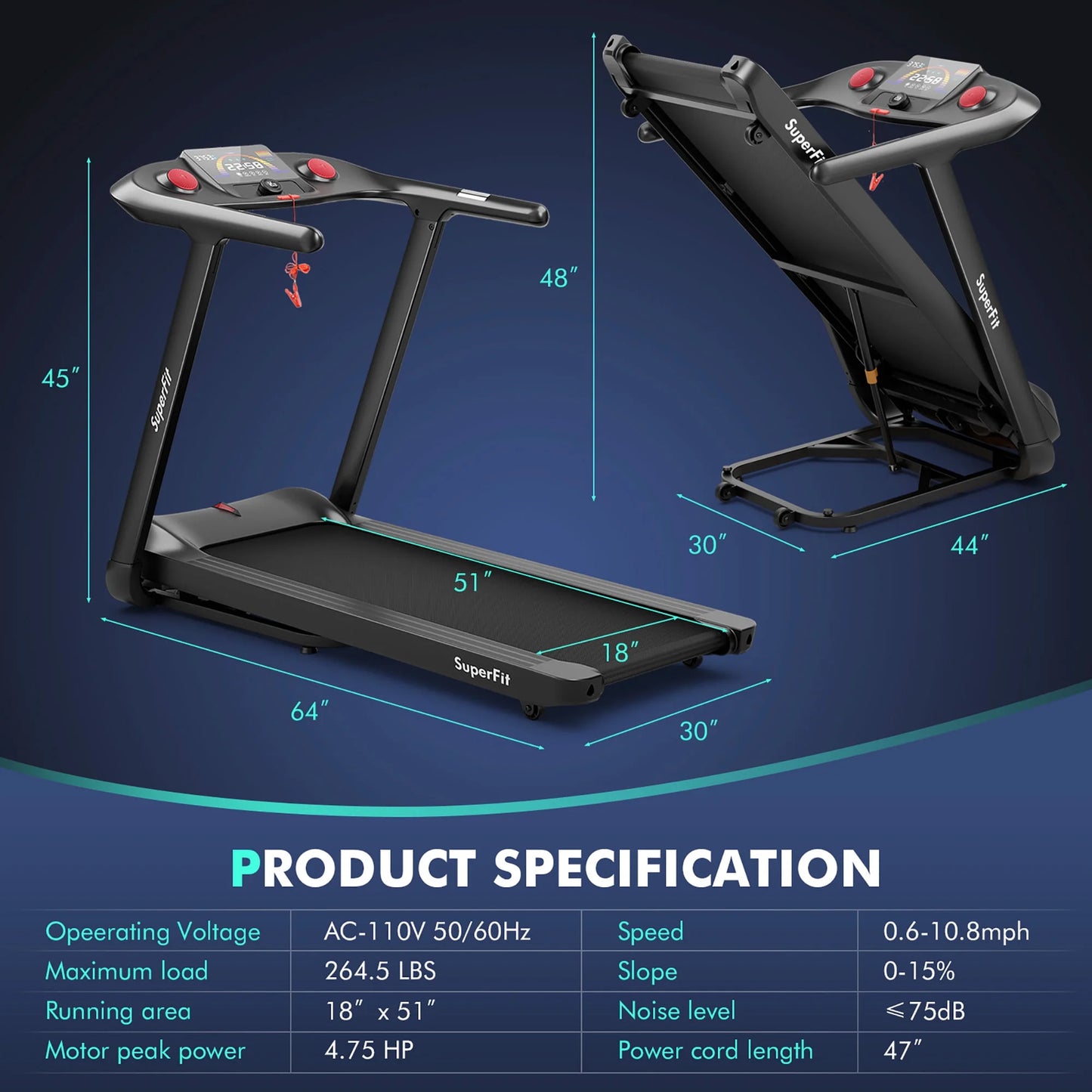 SuperFit 4.75HP Folding Treadmill w/Preset Programs Touch Screen Voice/APP/Remote Control