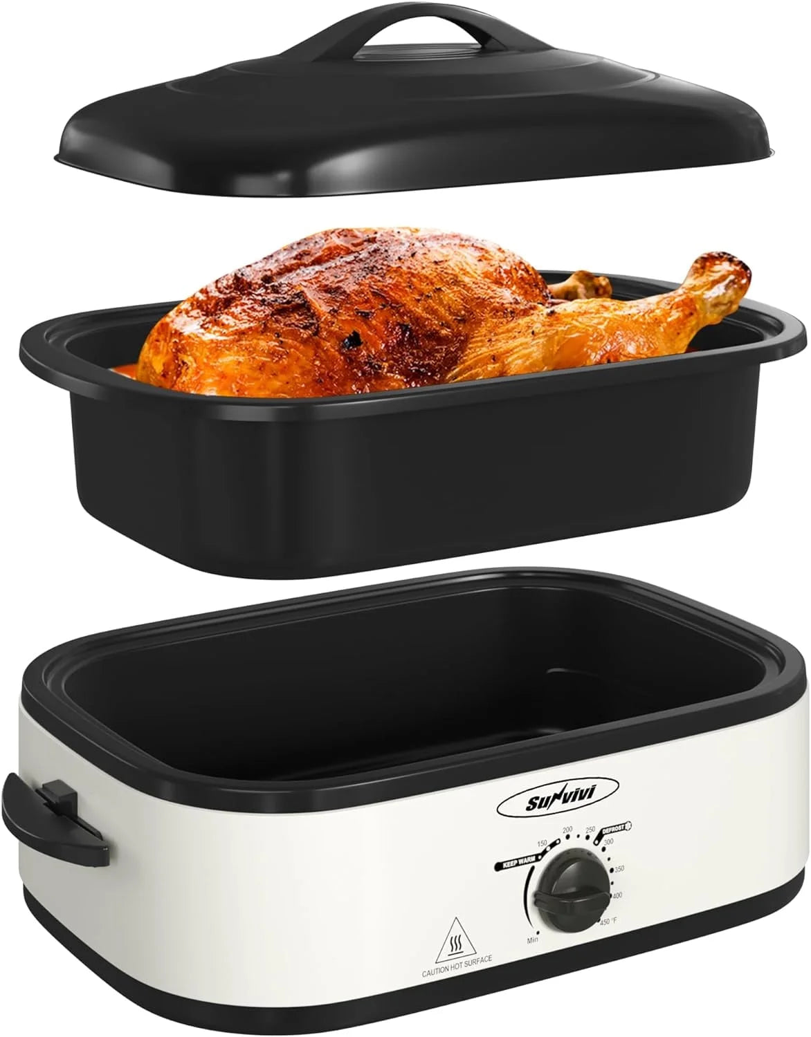 Sunvivi Roaster Oven, 24 Quart Electric Roaster Oven with Glass Lid, Turkey Roaster Oven Buffet with Self-Basting Lid, Removable Pan, Cool-Touch Handles, Silver