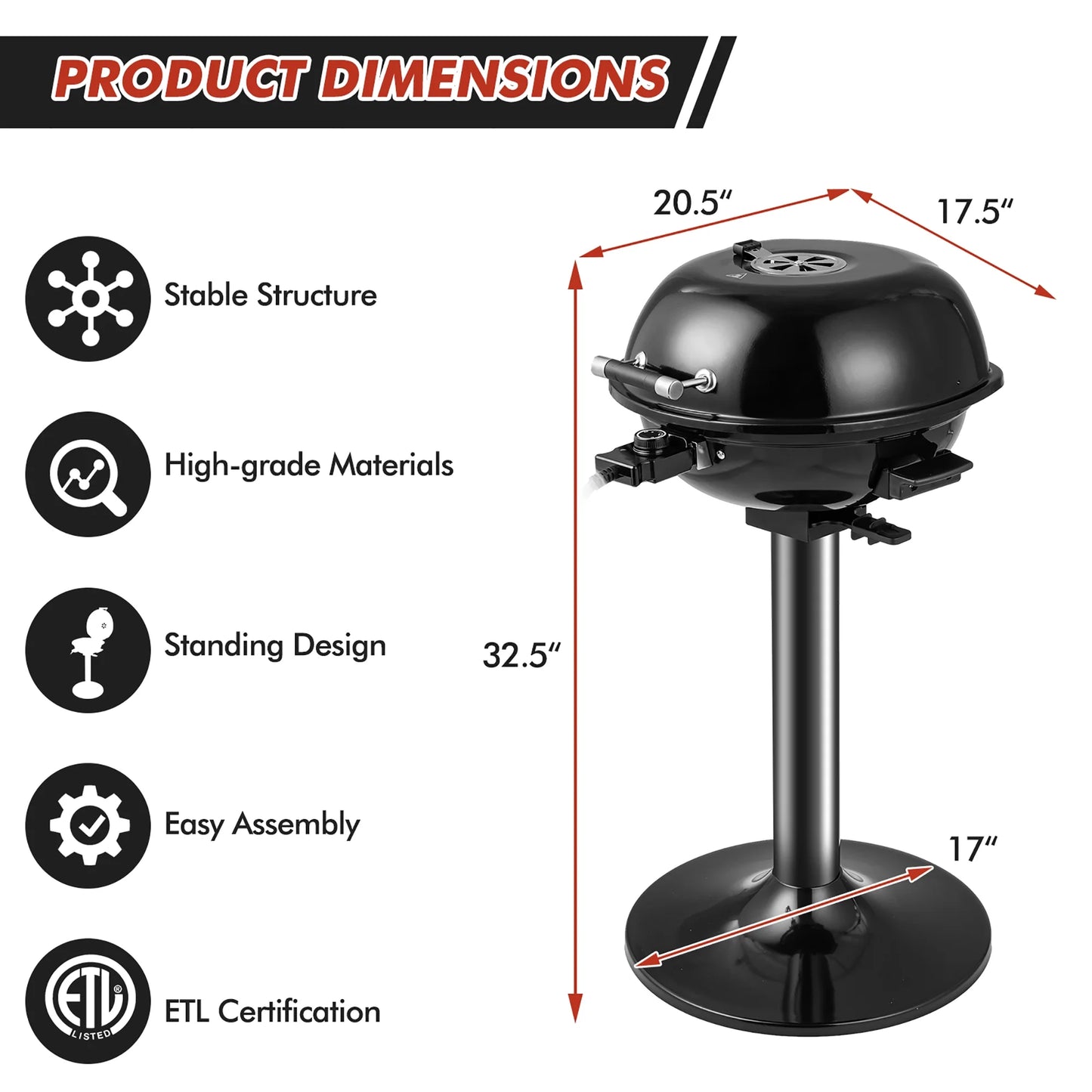 Costway Portable 1600W Electric BBQ Grill withTemperature Control &#038; Grease Collector Black