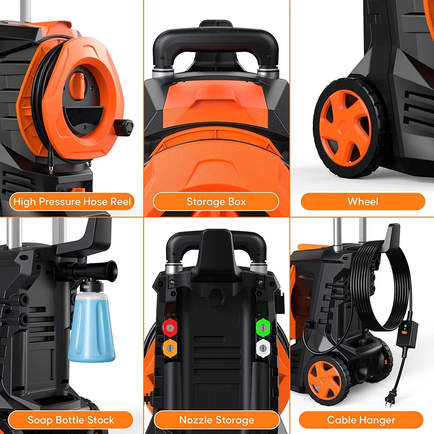 Vebreda 3300PSI Electric Pressure Washer with 4 Quick Connect Nozzlese 2.0GPM 1800W, Orange