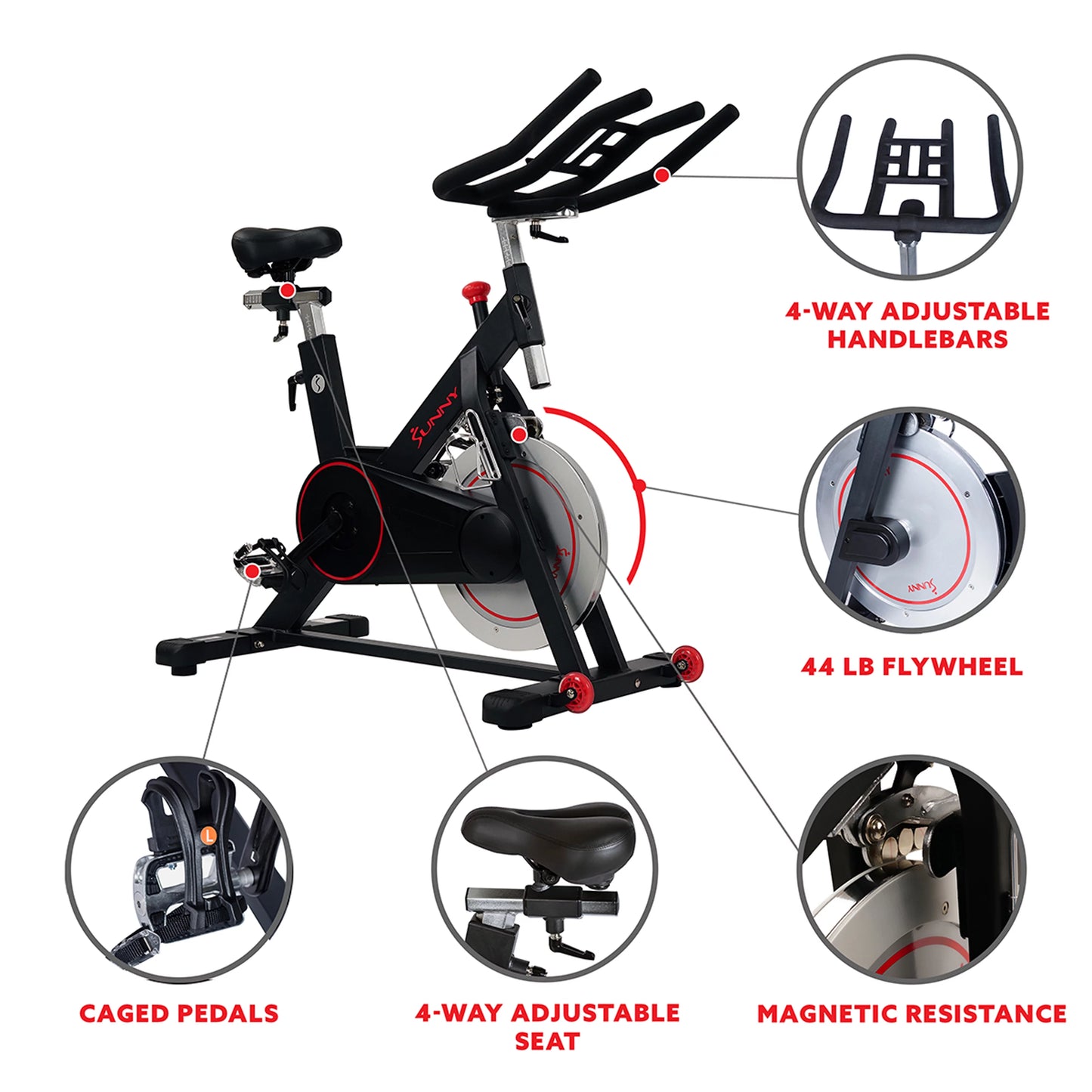 Sunny Health Fitness Magnetic Belt Drive Indoor Stationary Cycle Exercise Bike, High Weight Capacity, Device Mount, SF-B1805