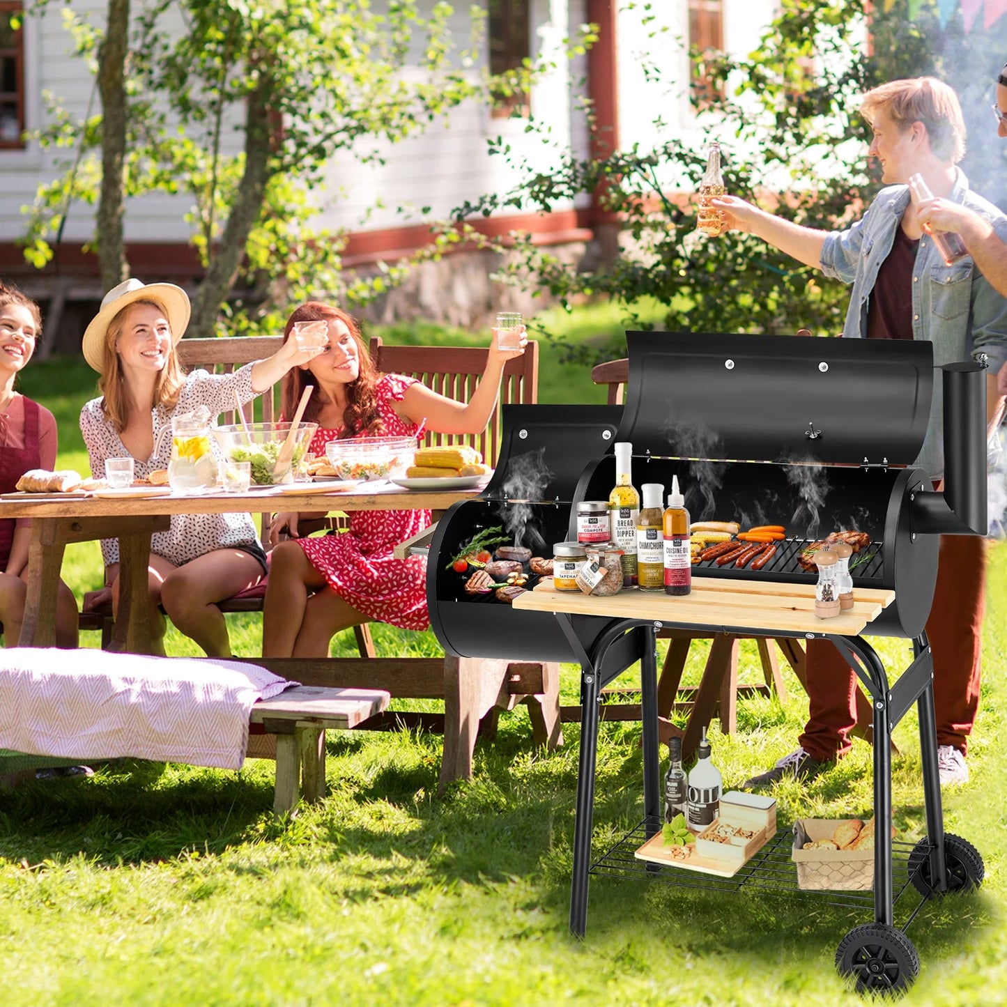 BBQ Charcoal Grill, 45.28-Inch Length Portable Barbecue Grill, Offset Smoker Barbecue Oven with Wheels &#038; Thermometer for Outdoor Picnic Camping Patio Backyard, B026