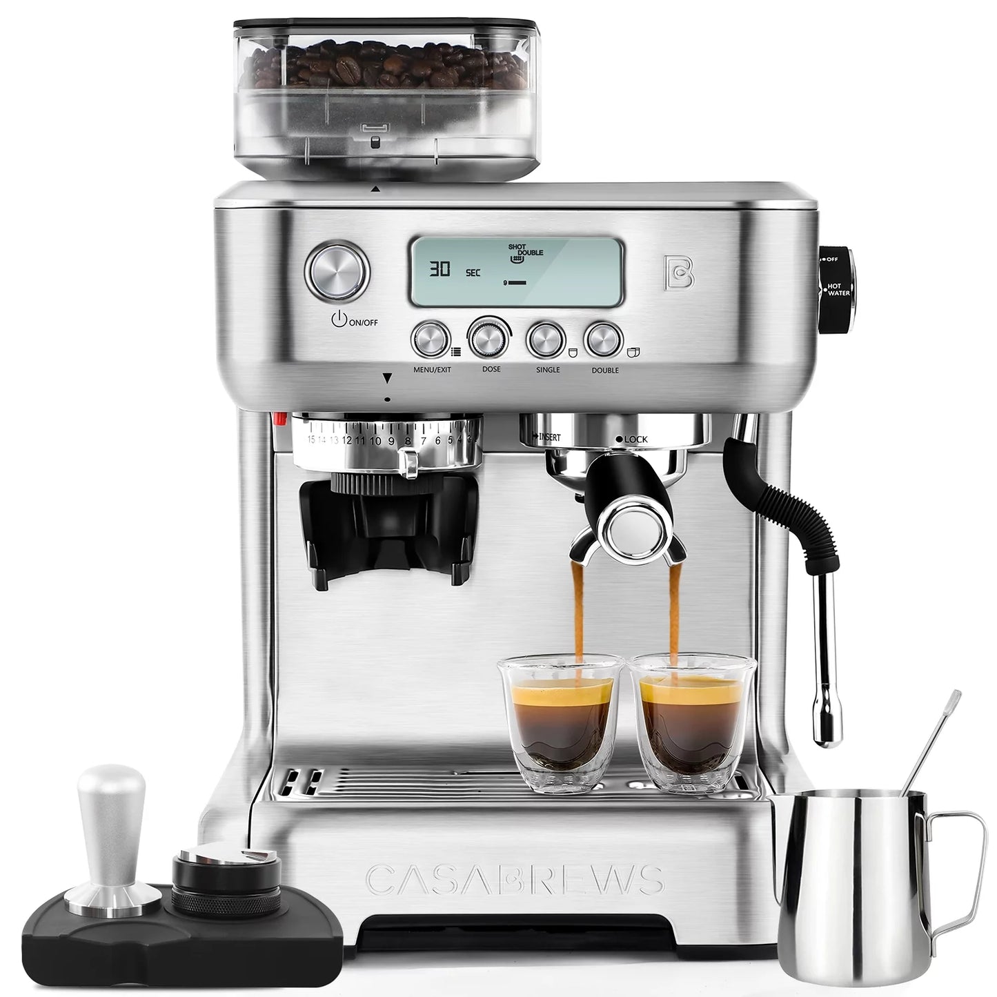 Casabrews 20 Bar Espresso Machine with LCD Display, Cappuccino Maker 92 fl oz Water Tank, Silver