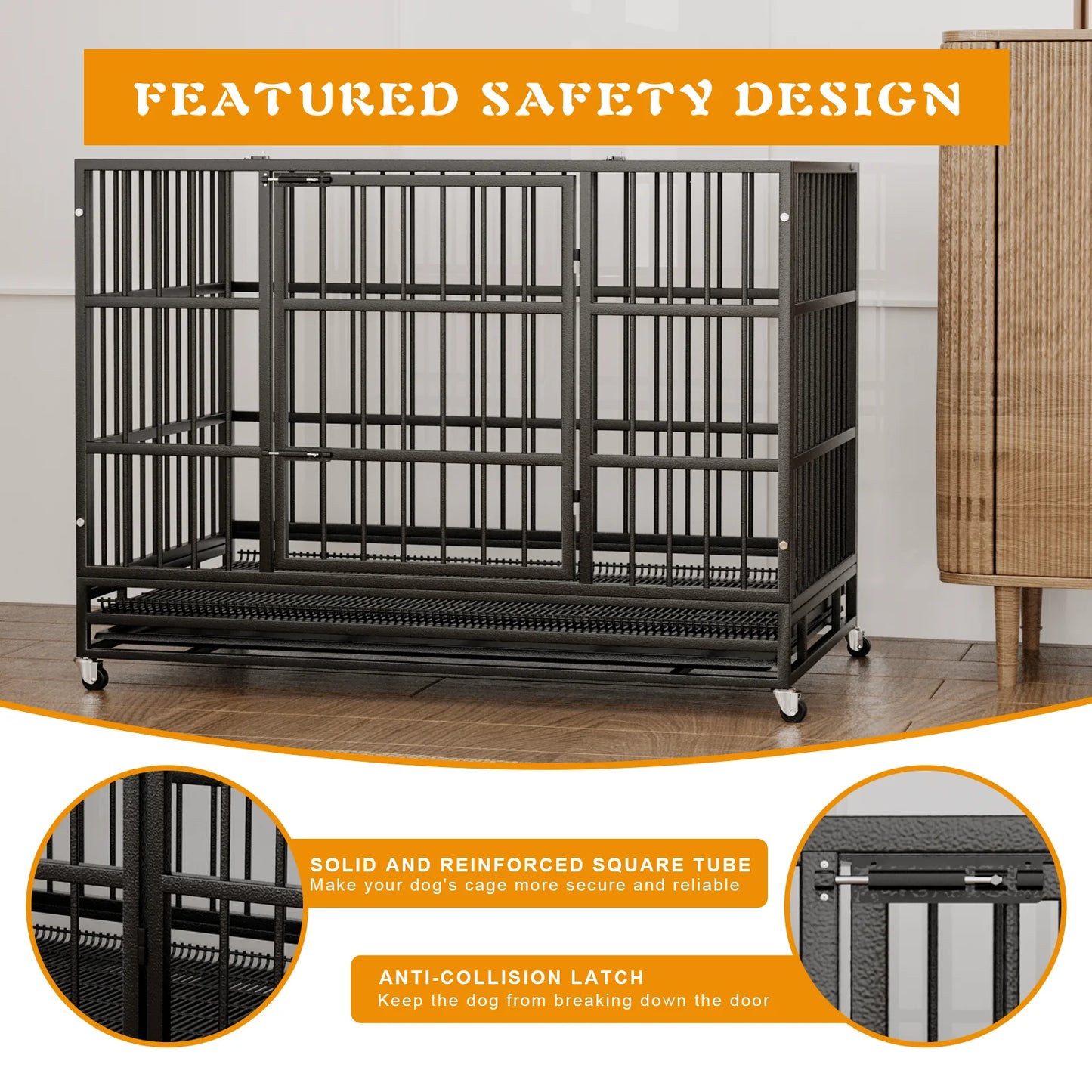 Waleaf 48 Inch Heavy Duty Dog Crate Cage with Wheels for Indoor and Outdoor, Large Dog Kennel with Removable Tray