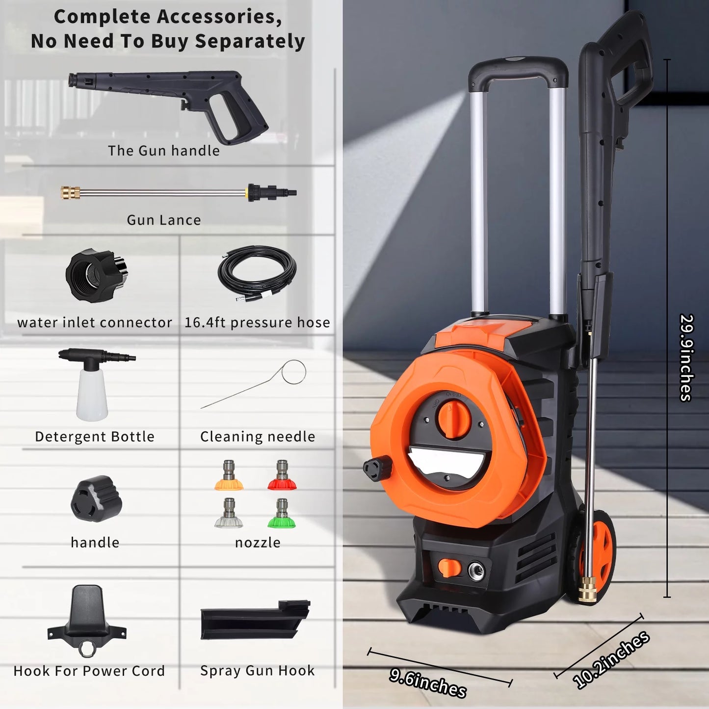 Vebreda 3300PSI Electric Pressure Washer with 4 Quick Connect Nozzlese 2.0GPM 1800W, Orange