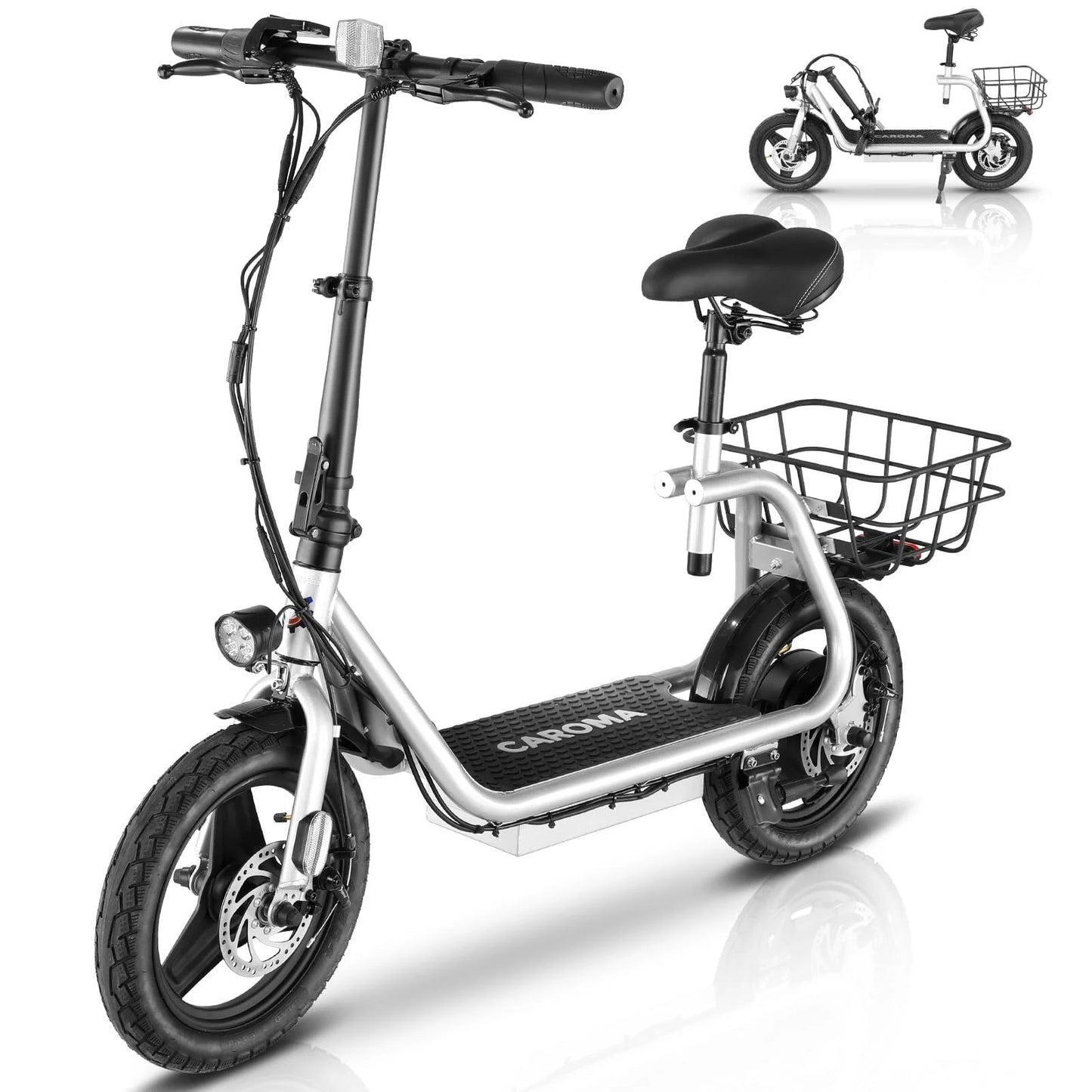 Caroma 500W Electric Scooter with Seat for Adult, 14 inch Commuter Electric Scooter with Dual Shock Absorbers and Basket &#8211; Up to 25 Miles 20 MPH, Silver