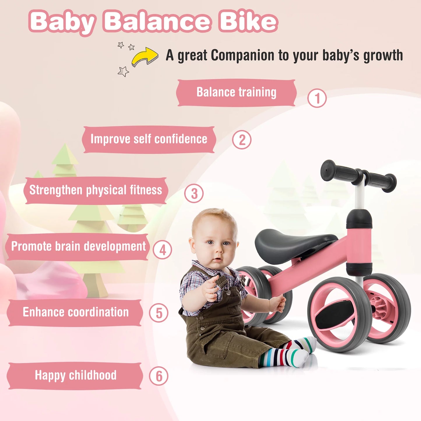 Costway Baby Balance Bike Toddler Riding Toys  w/ 4 Wheels Pink