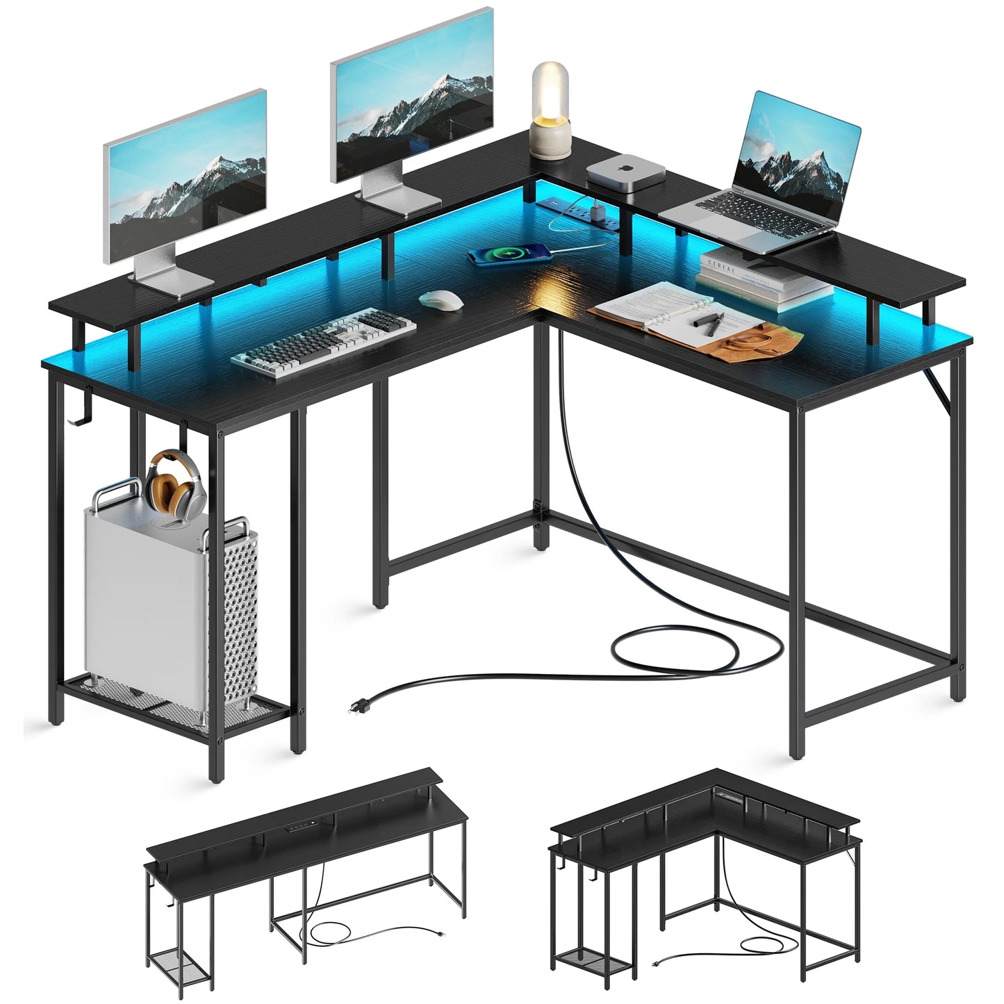 SUPERJARE L Shaped Desk with Outlets &#038; USB Ports, Gaming Desk with LED Light Strip, Corner Computer Desk, L Office Desk, Monitor Stand, Hooks, and Storage Shelves, Black