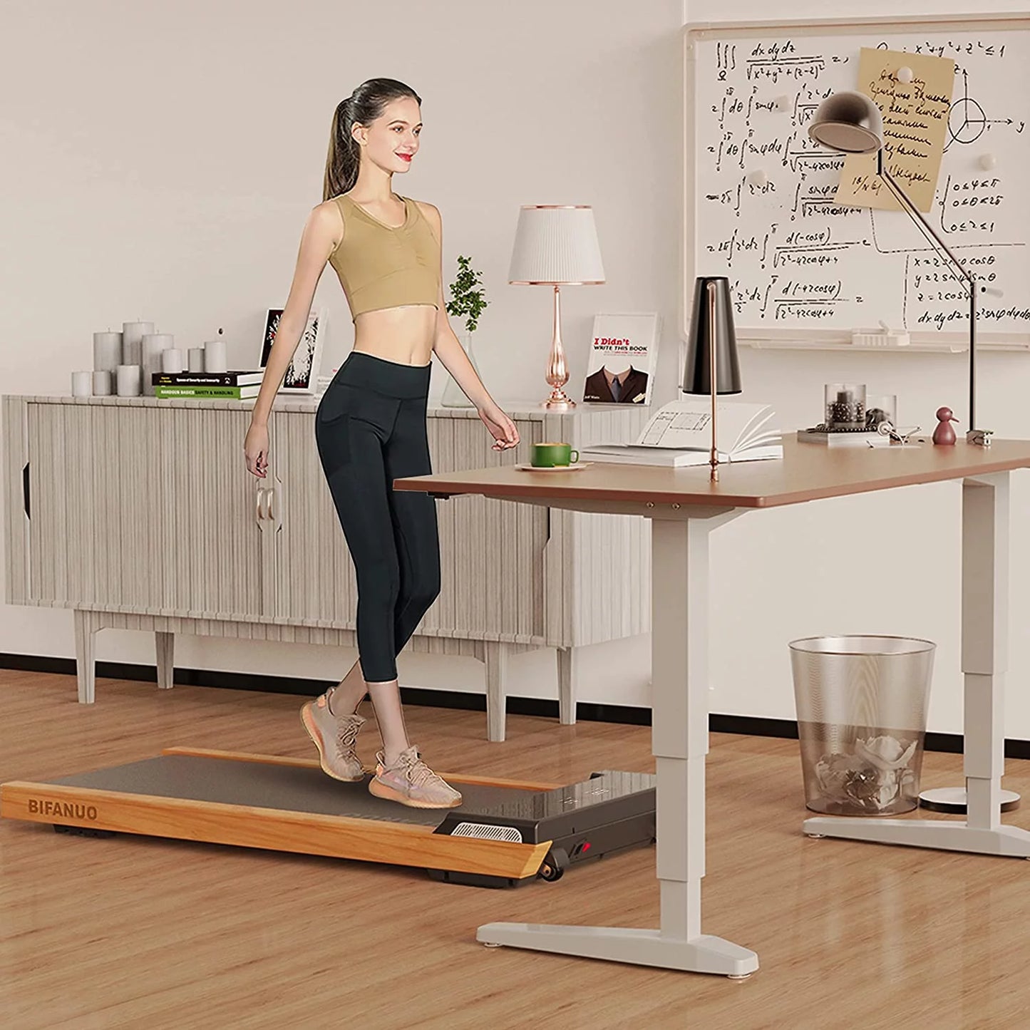 Bifanuo Under Desk Treadmill, Walking Pad 2.25HP, Wood Electric Light Weight Walking Treadmill, Desk Treadmill for Office Under Desk with Remote Control, Installation-Free??DARK)